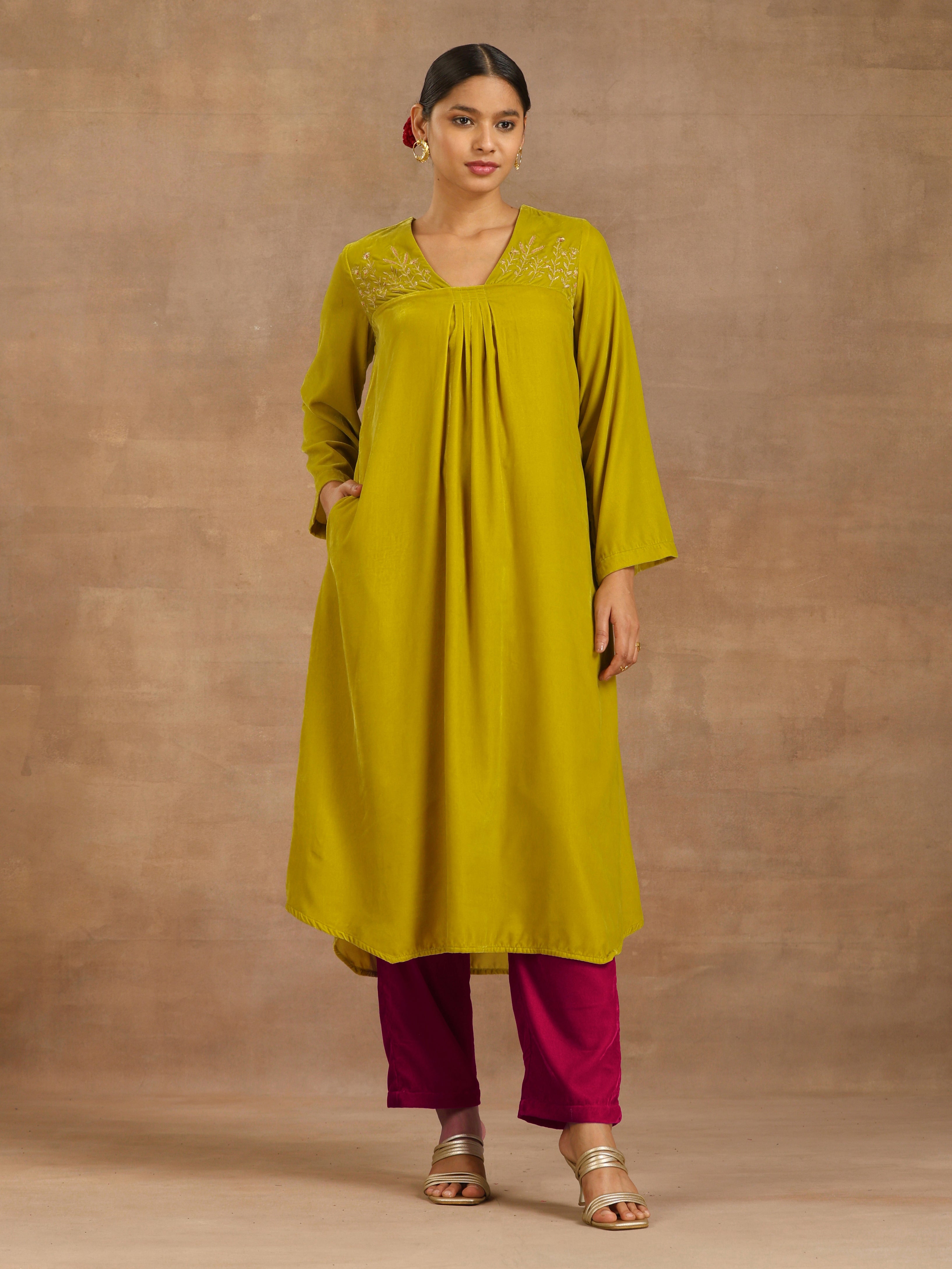 trueBrowns Lime Velvet Yoke Embroidered Kurta - Distacart