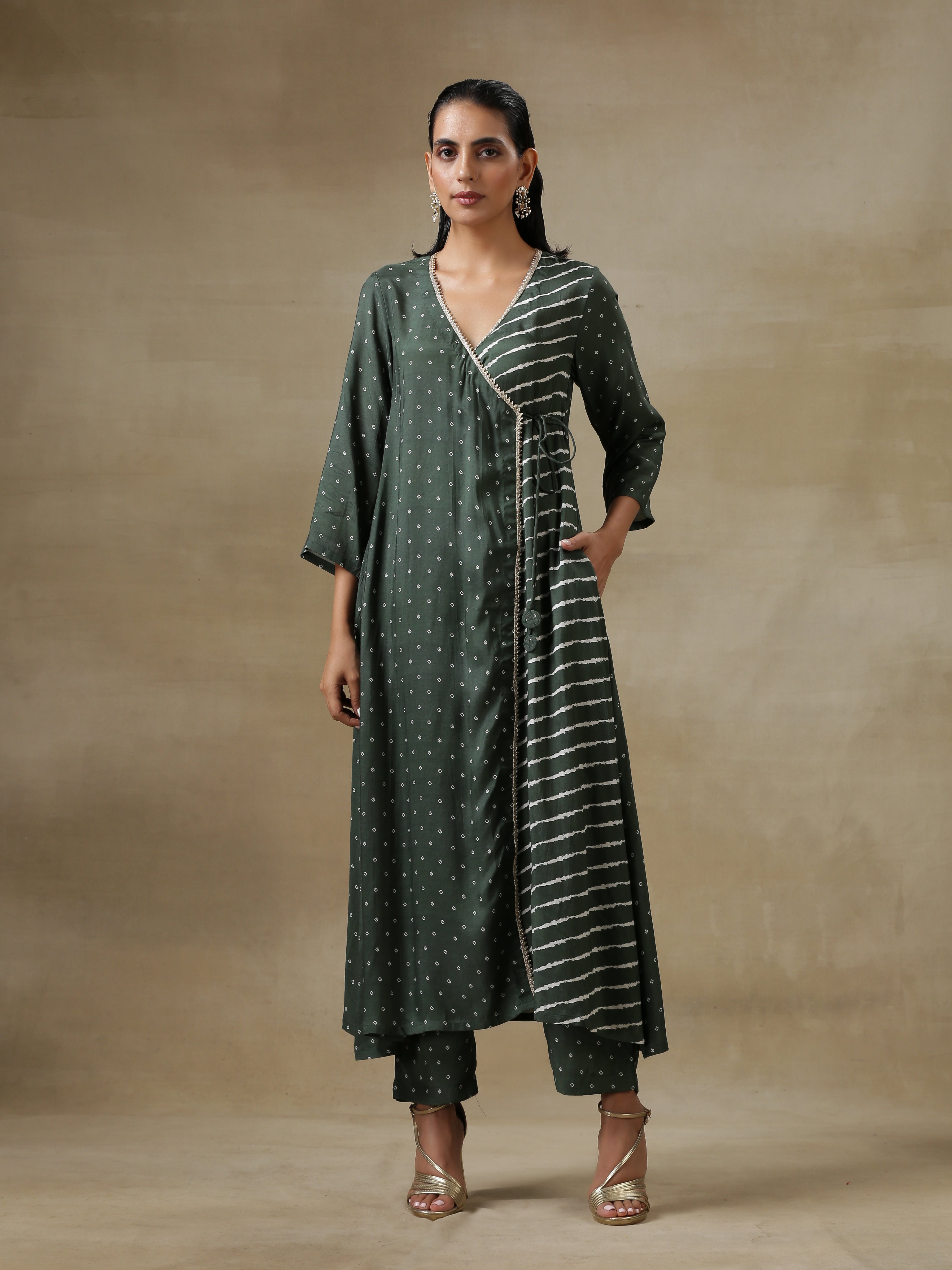 trueBrowns Dark Green Bandhani Printed Silk Angrakha Kurta Pant Set - Distacart
