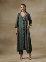 Thumbnail for trueBrowns Dark Green Bandhani Printed Silk Angrakha Kurta Pant Set - Distacart