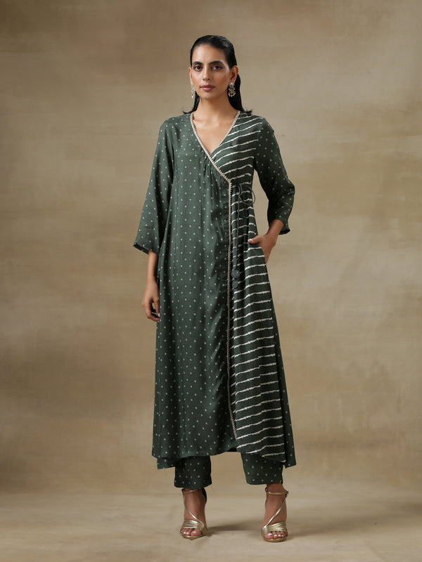 trueBrowns Dark Green Bandhani Printed Silk Angrakha Kurta Pant Set - Distacart
