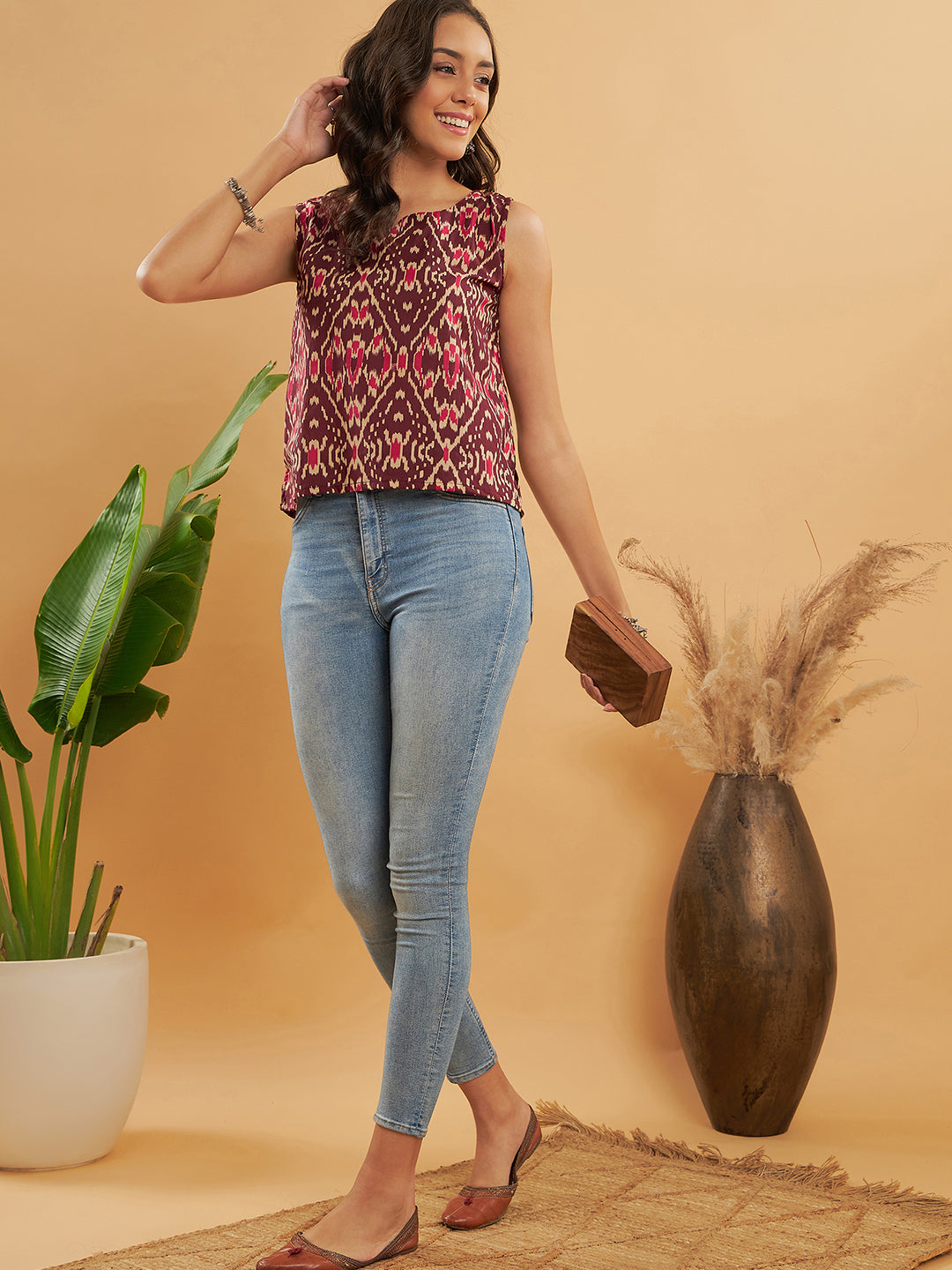 InWeave Wine Ikkat Print W/U Top - Distacart