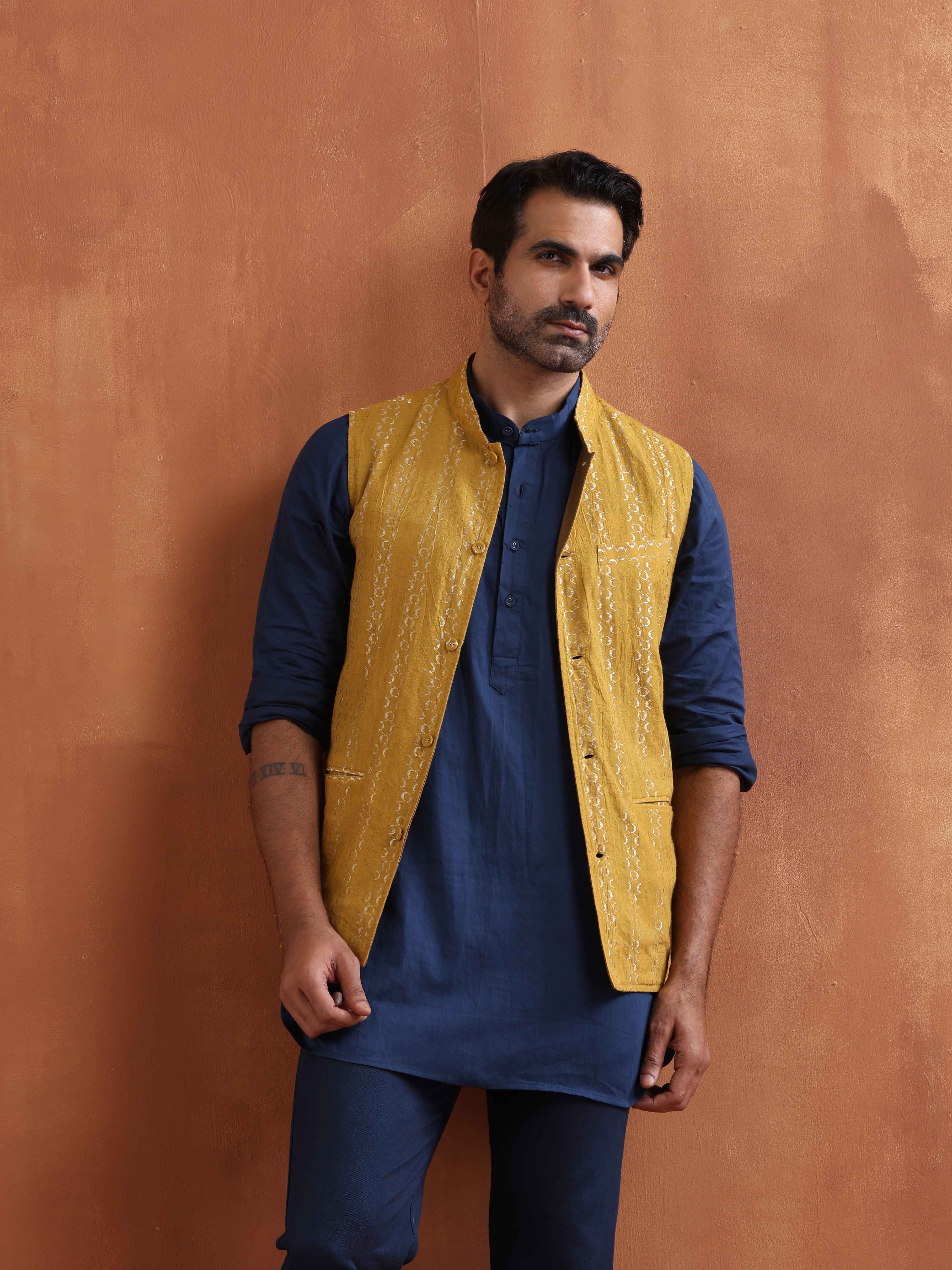 trueBrowns Men's Mustard Cotton Dobby Reversible Nehru Jacket - Distacart