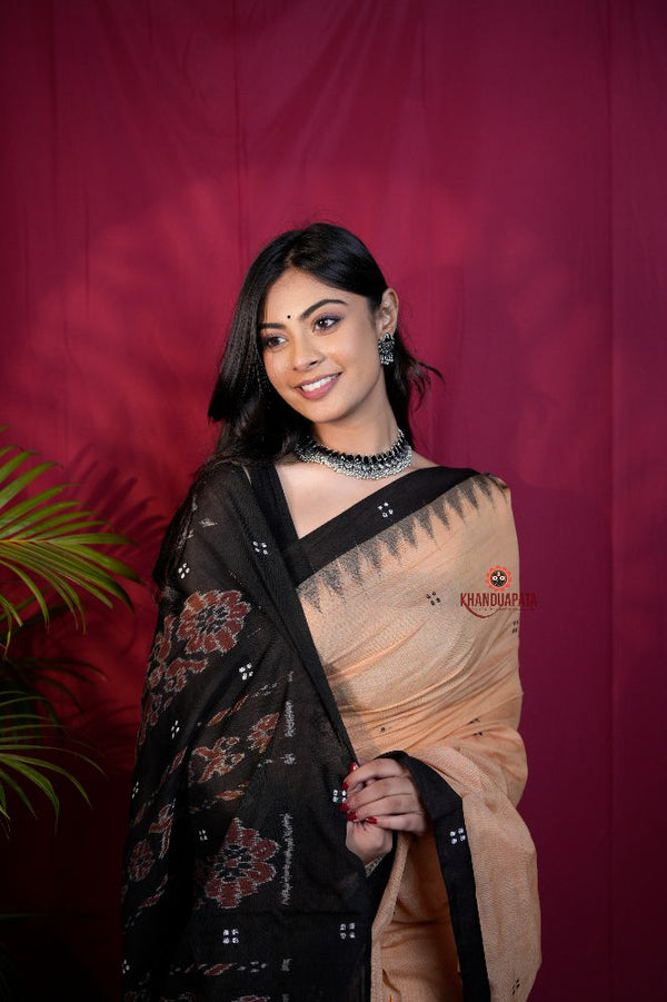 khanduapata Beige & Black Dot Design Cotton Saree For Women