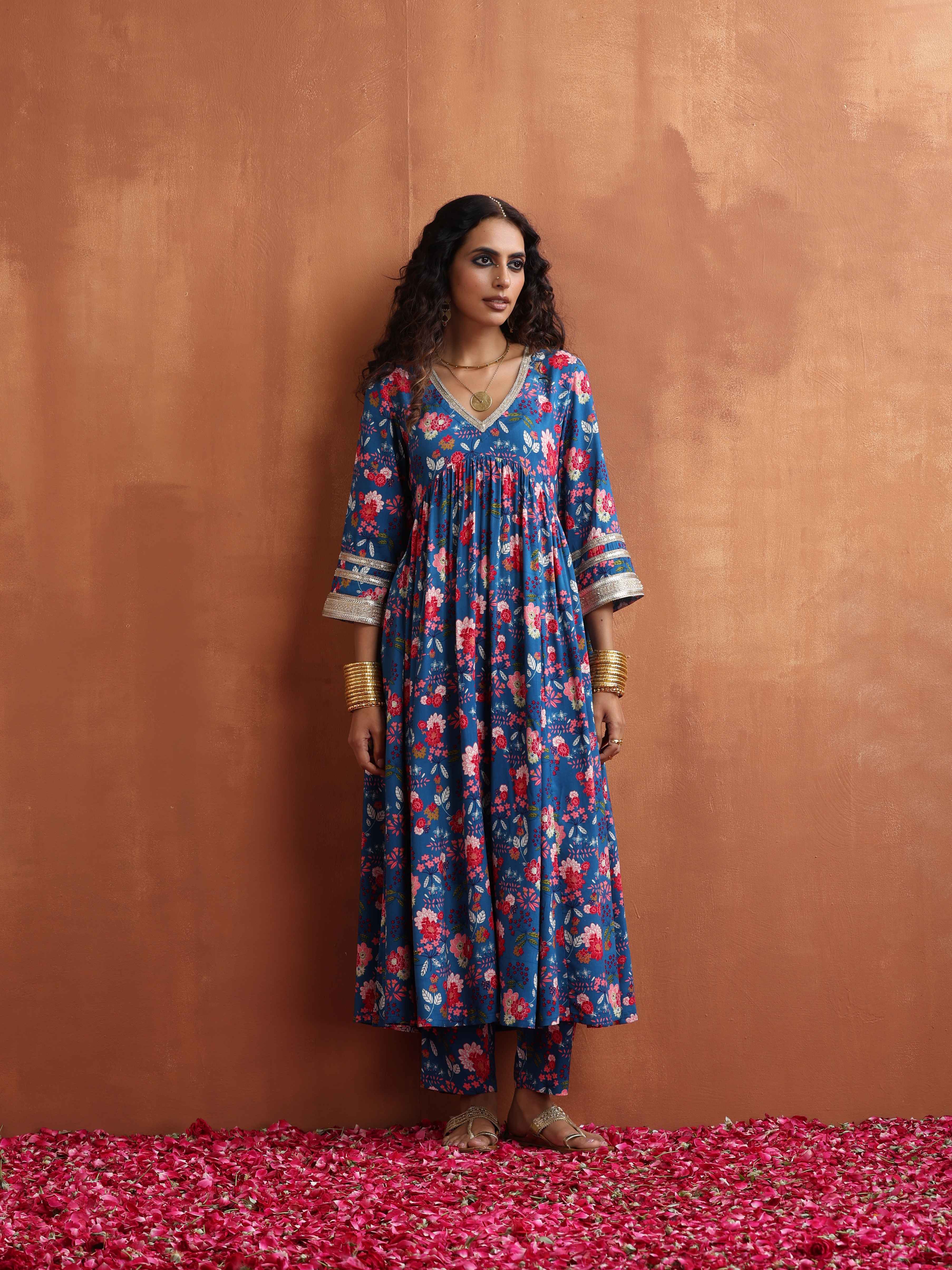 trueBrowns Blue Print Flared Anarkali Kurta Set - Distacart