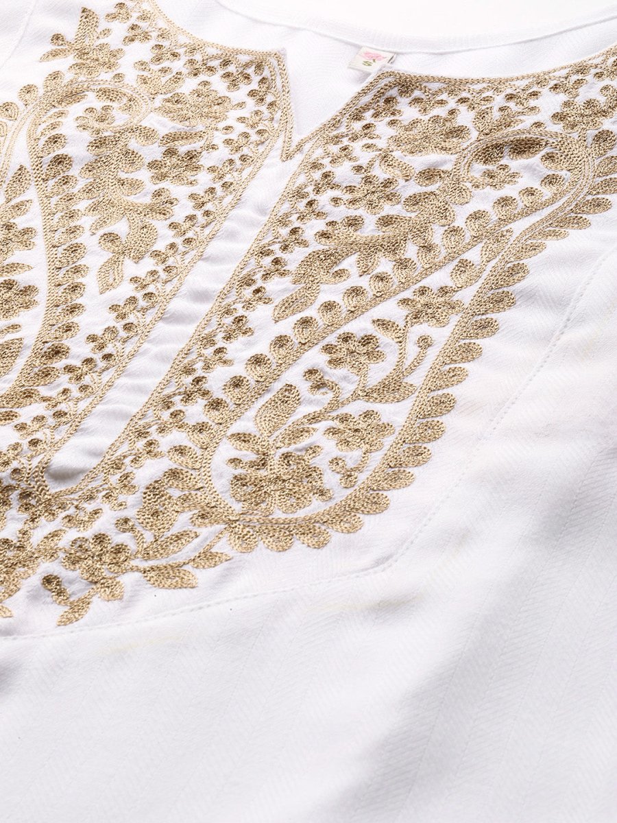 Ahalyaa Women White Ethnic Motifs Embroidered Aari Work Pashmina Kurta with Salwar & With Dupatta - Distacart