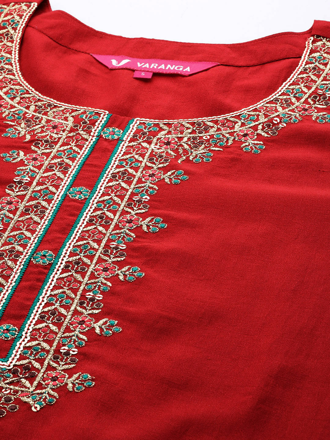 Varanga Women Red Embroidered Straight Kurta Paired With Tonal Bottom And Contrast Dupatta With Four Sided Fringes - Distacart
