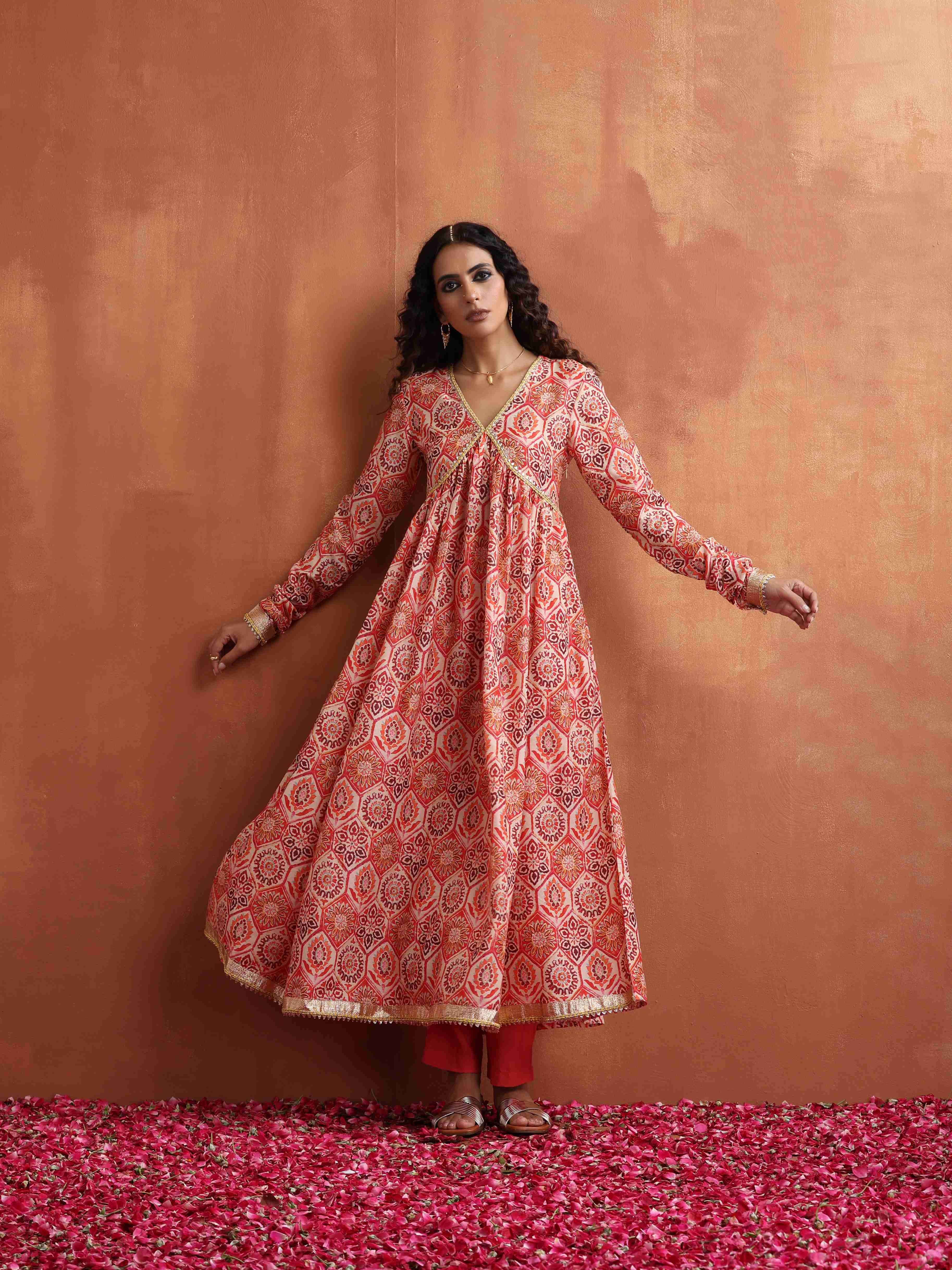 trueBrowns Beige Print Flared Anarkali Kurta Set - Distacart
