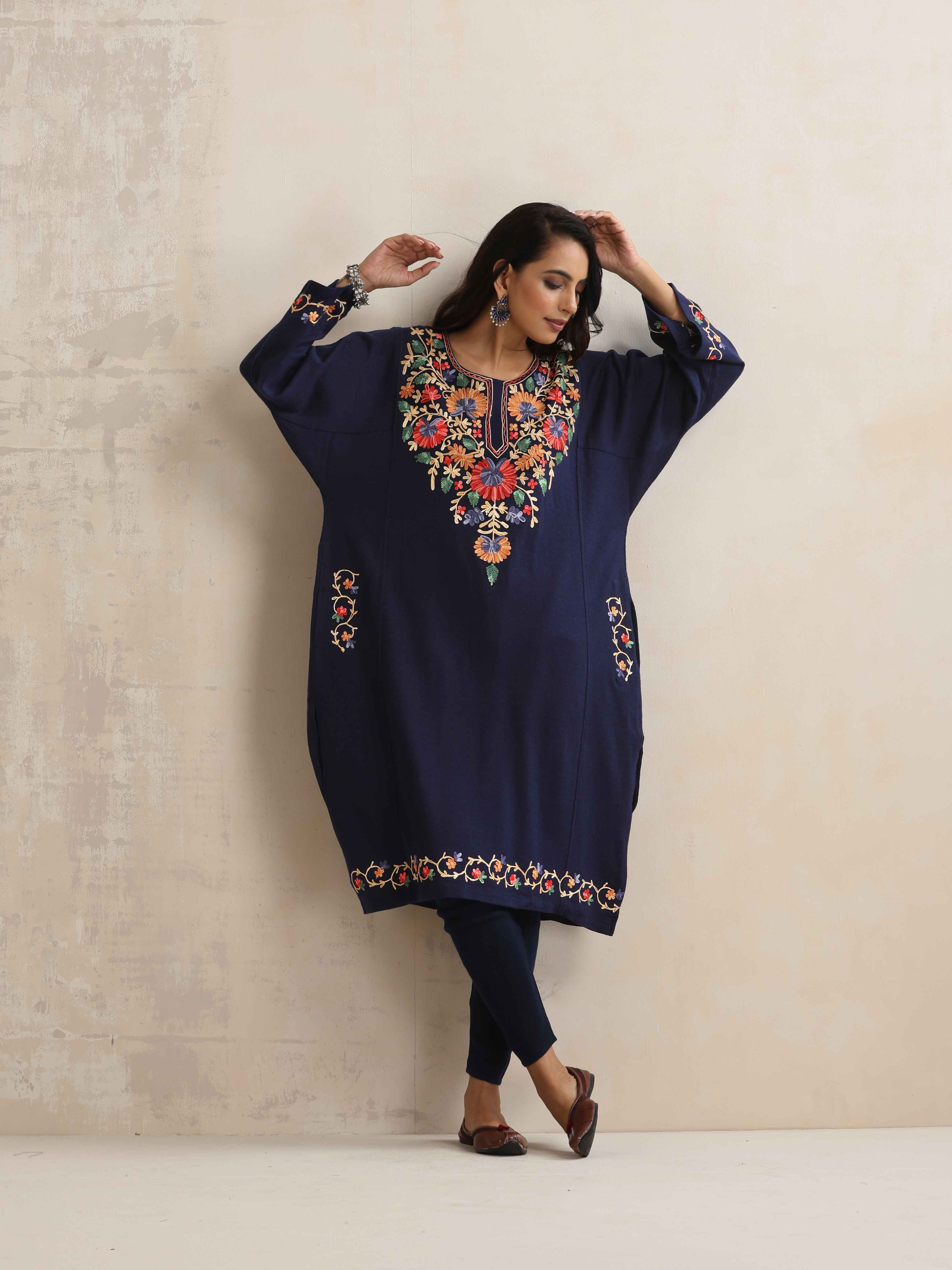 trueBrowns Blue Kashmiri Floral Embroidered Woollen Phiran Kurta - Distacart