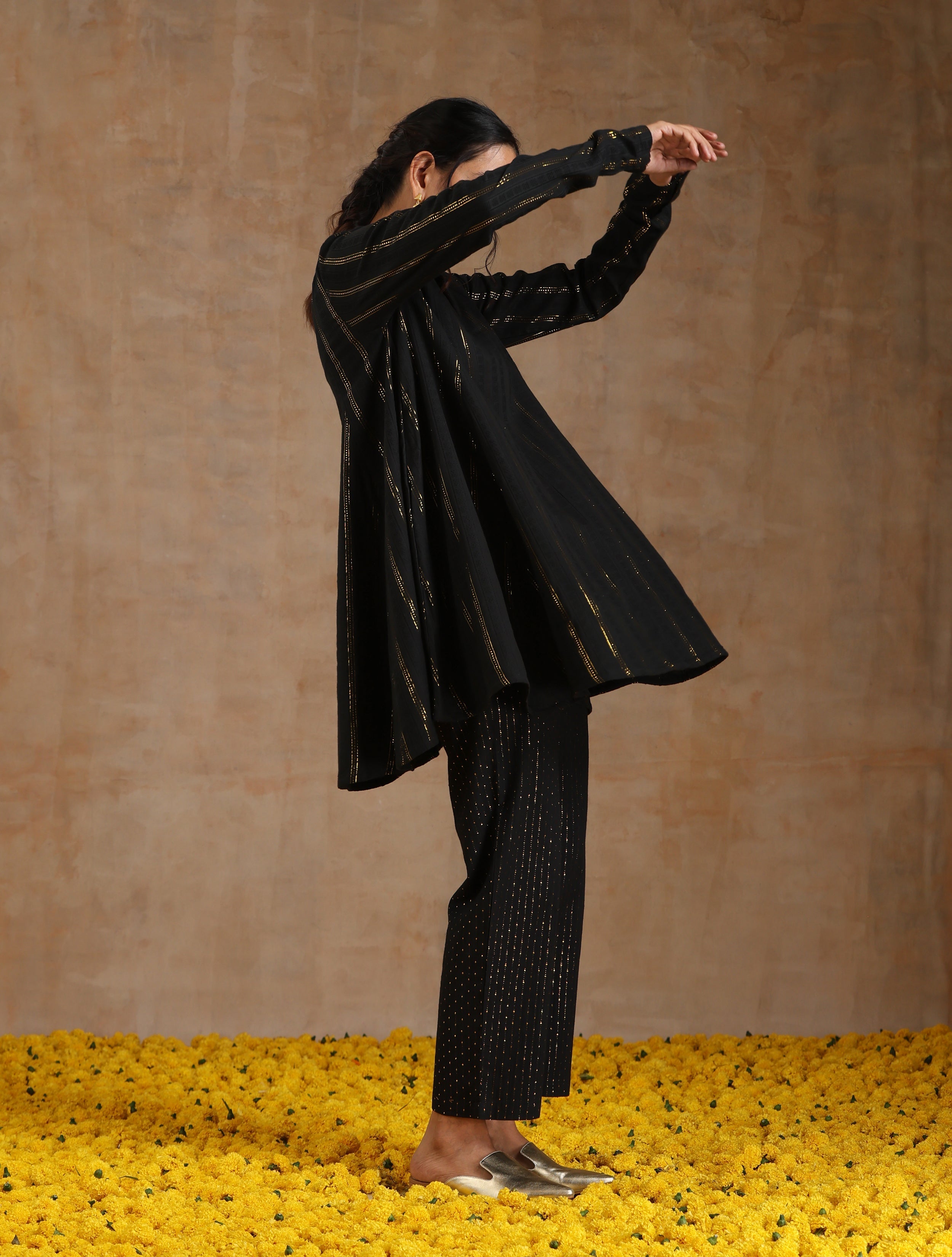 trueBrowns Black Gold Cotton Flared Co-Ord Set - Distacart