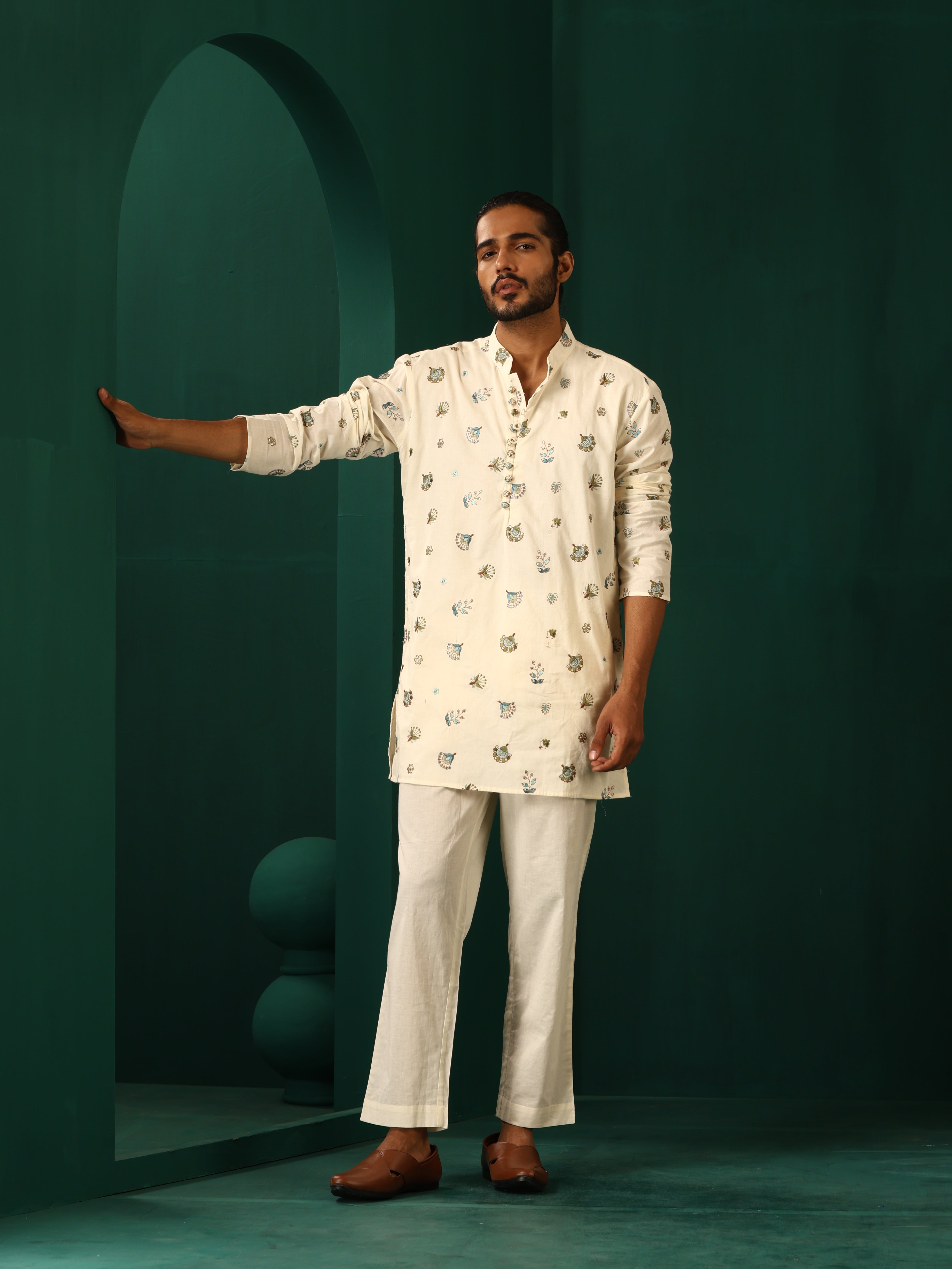 trueBrowns Men's Ivory Blue Multi color Floral Cotton Co-ord Set - Distacart