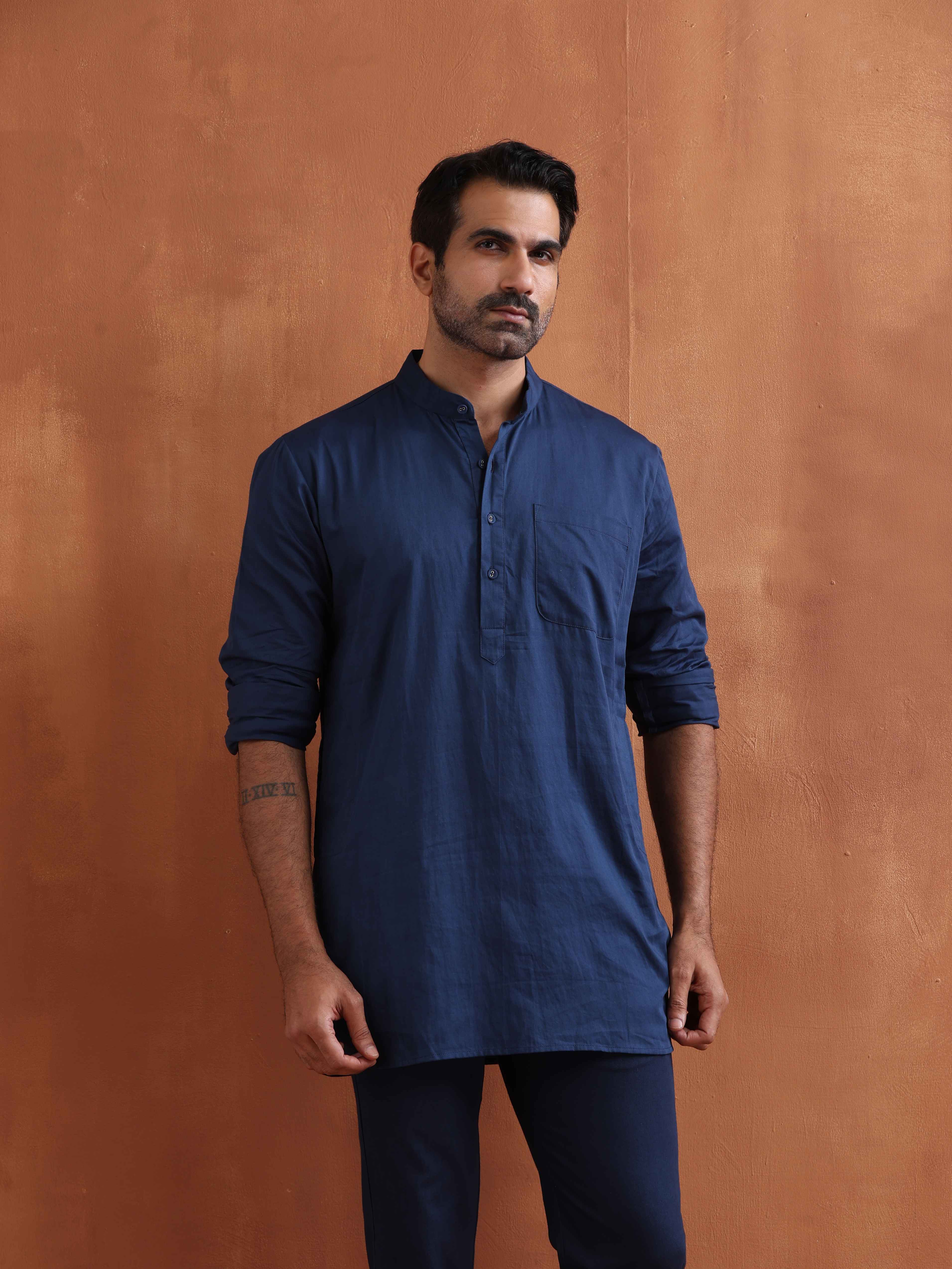 trueBrowns Men's Blue Cotton Short Kurta - Distacart