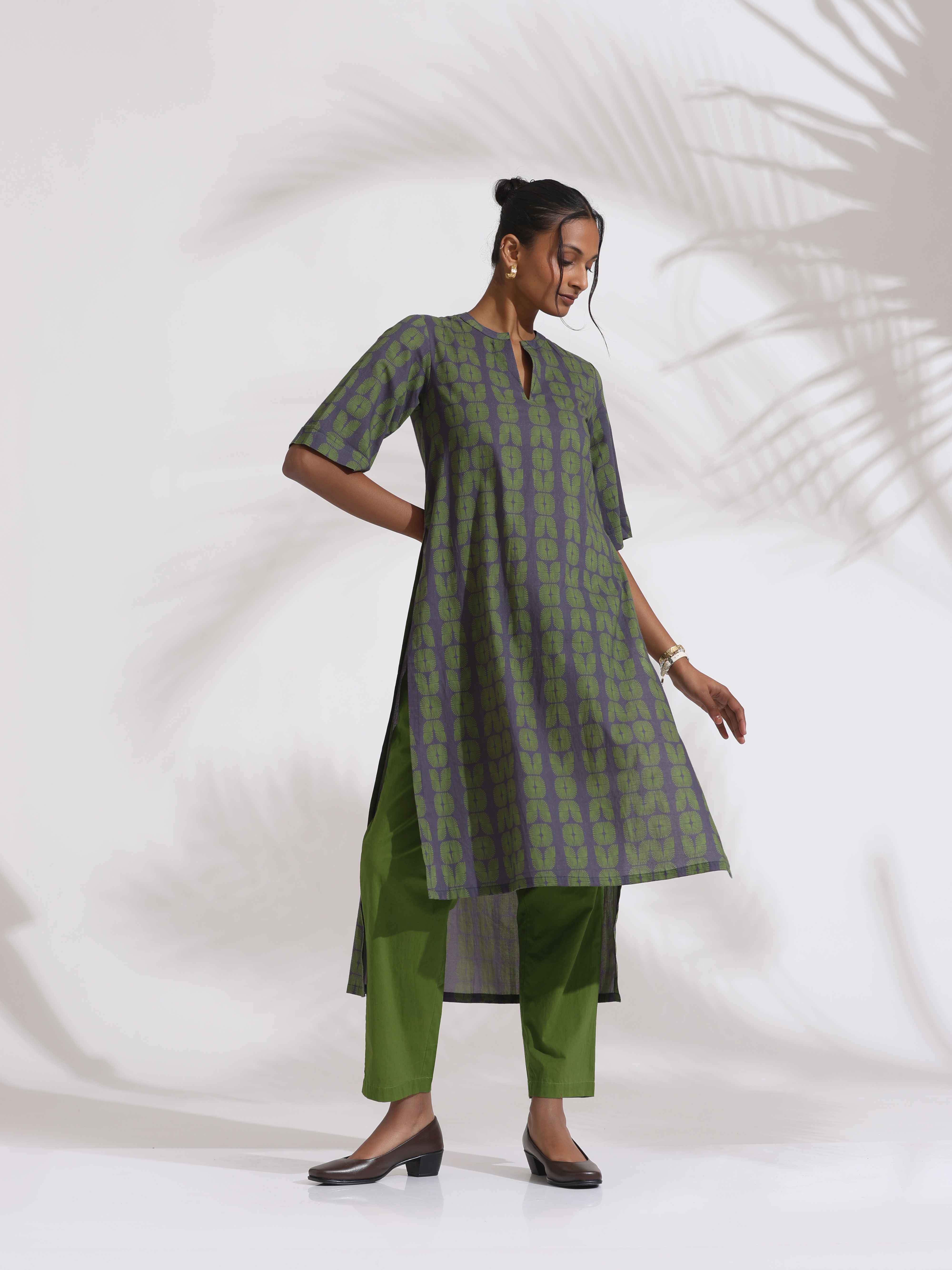 trueBrowns Grey Cotton Print Highlow Kurta Set - Distacart