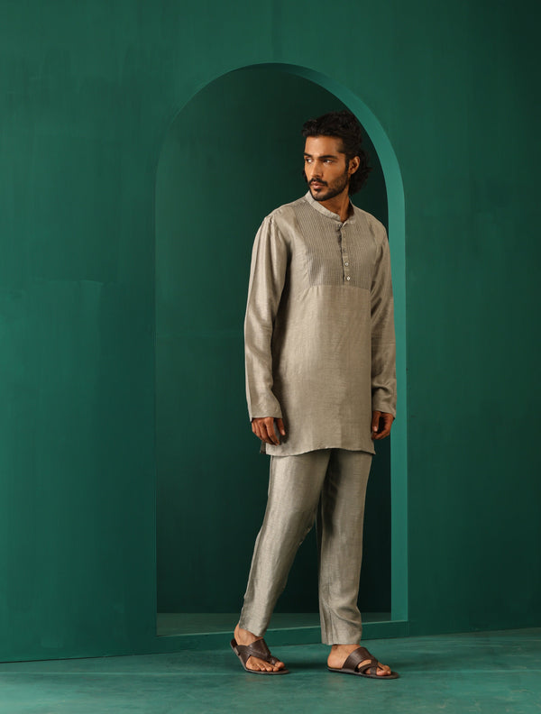trueBrowns Men's Grey Silk Co-ord Set Yoke Detail - Distacart
