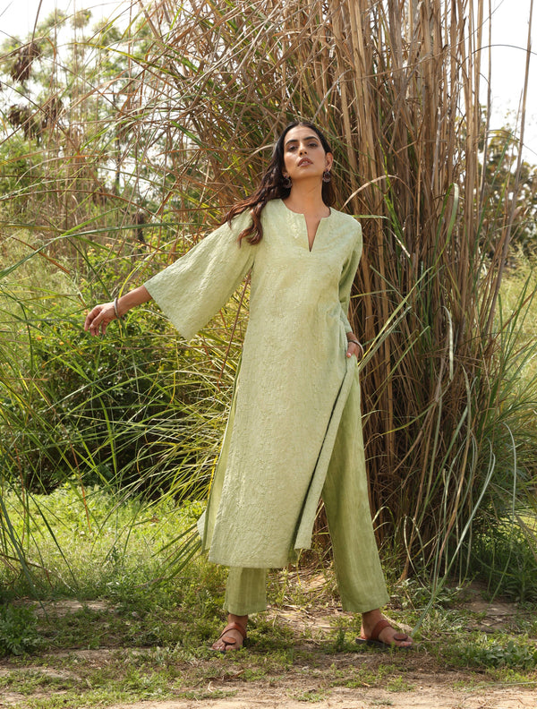 trueBrowns Green Cotton Embroidered Kurta Set - Distacart