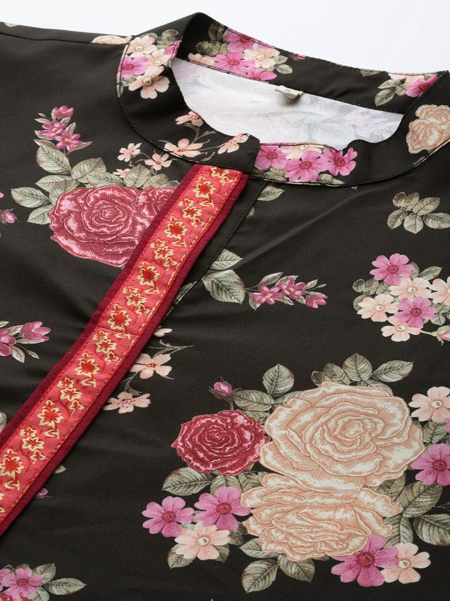 Ahalyaa Mandarin Collar Floral Print Crepe Tunic - Distacart