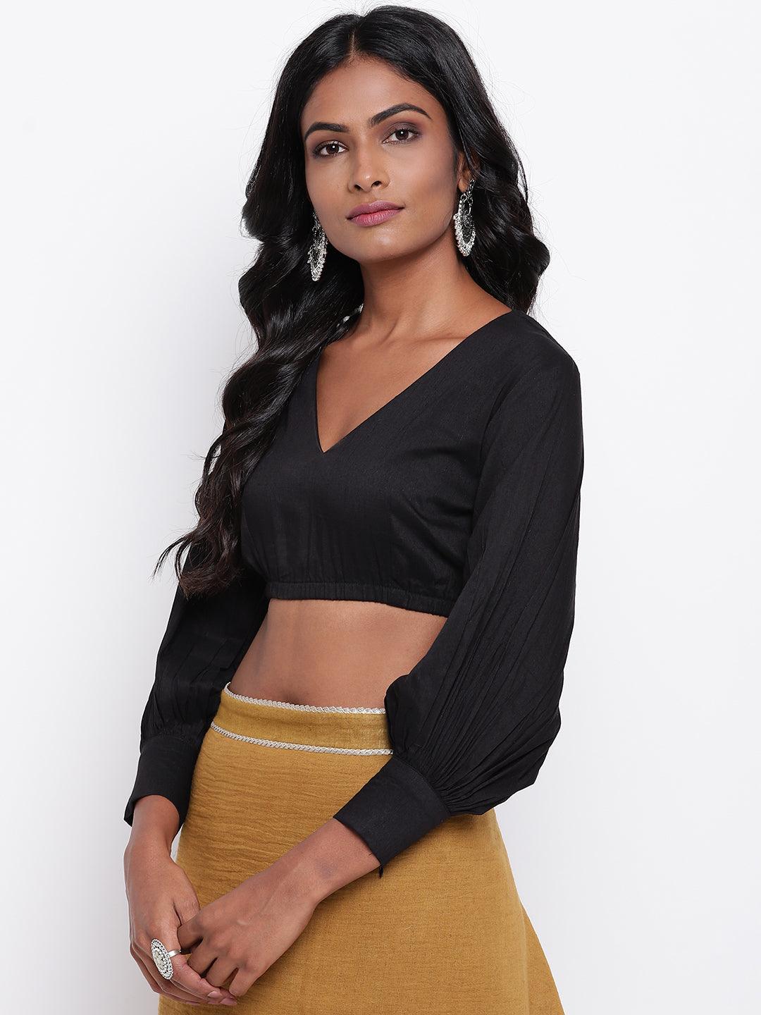 trueBrowns Black Gathered Sleeve Top - Distacart