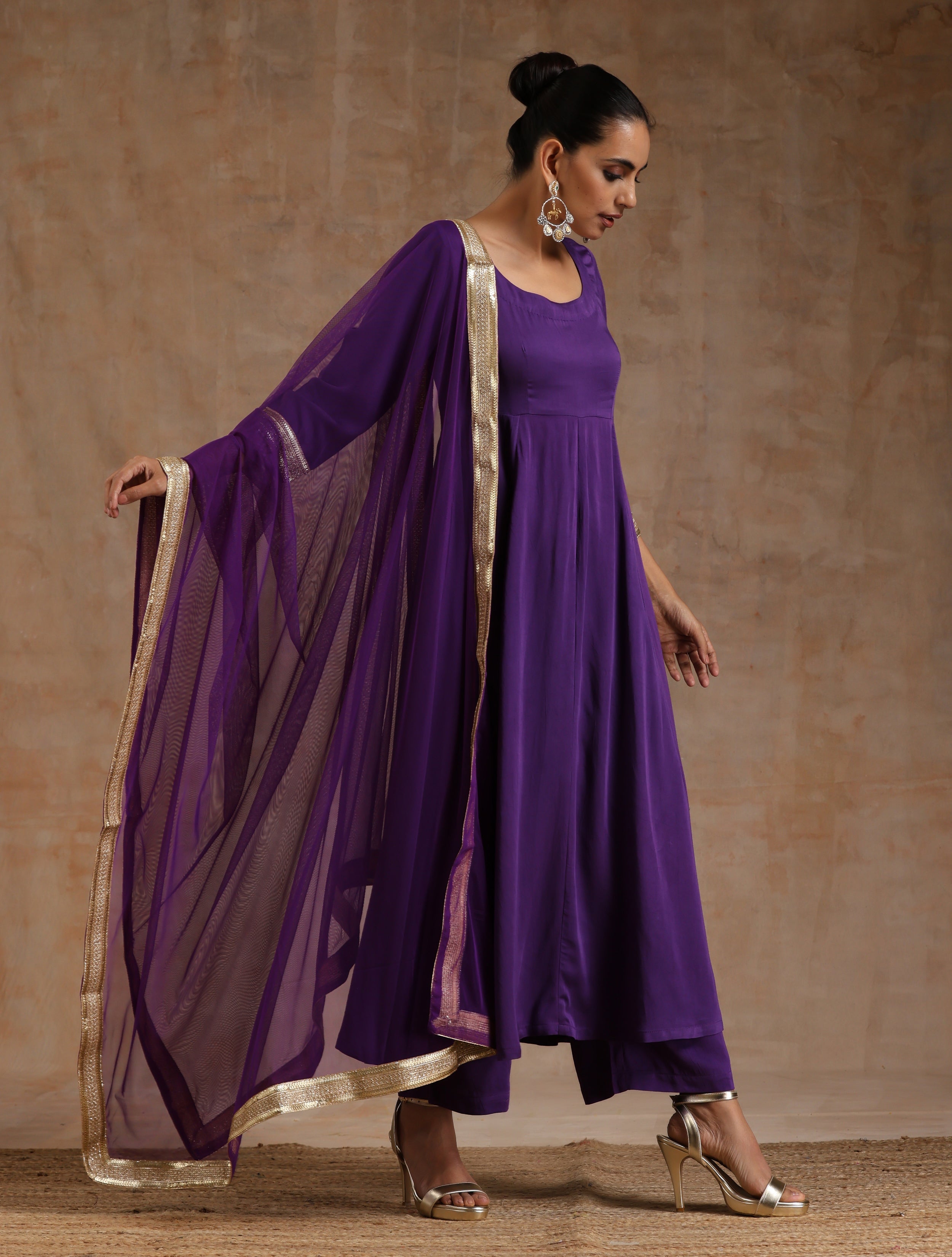 trueBrowns Violet Modal Satin Anarkali Set - Distacart