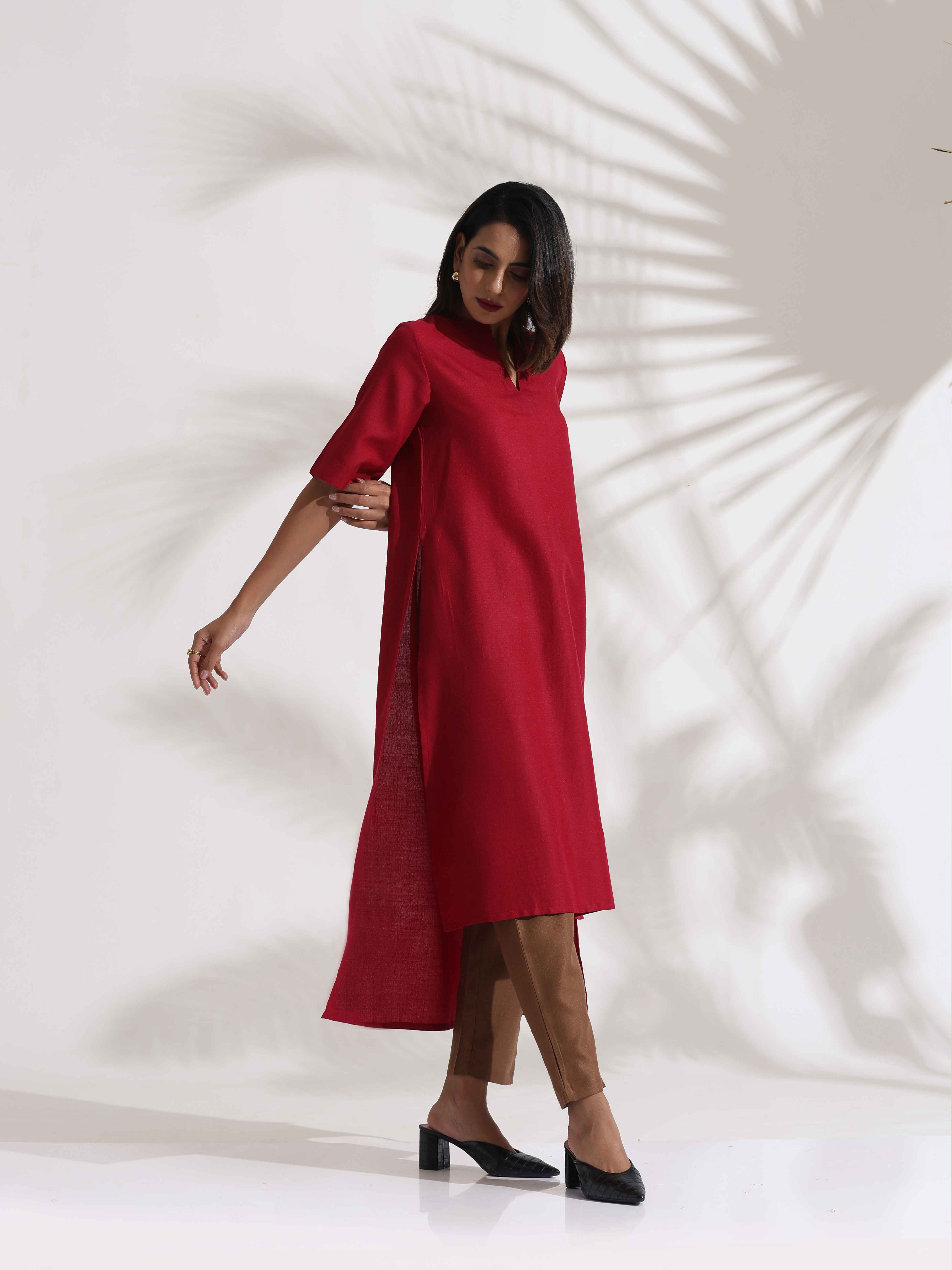 trueBrowns Maroon Slub Highslit Kurta Set - Distacart