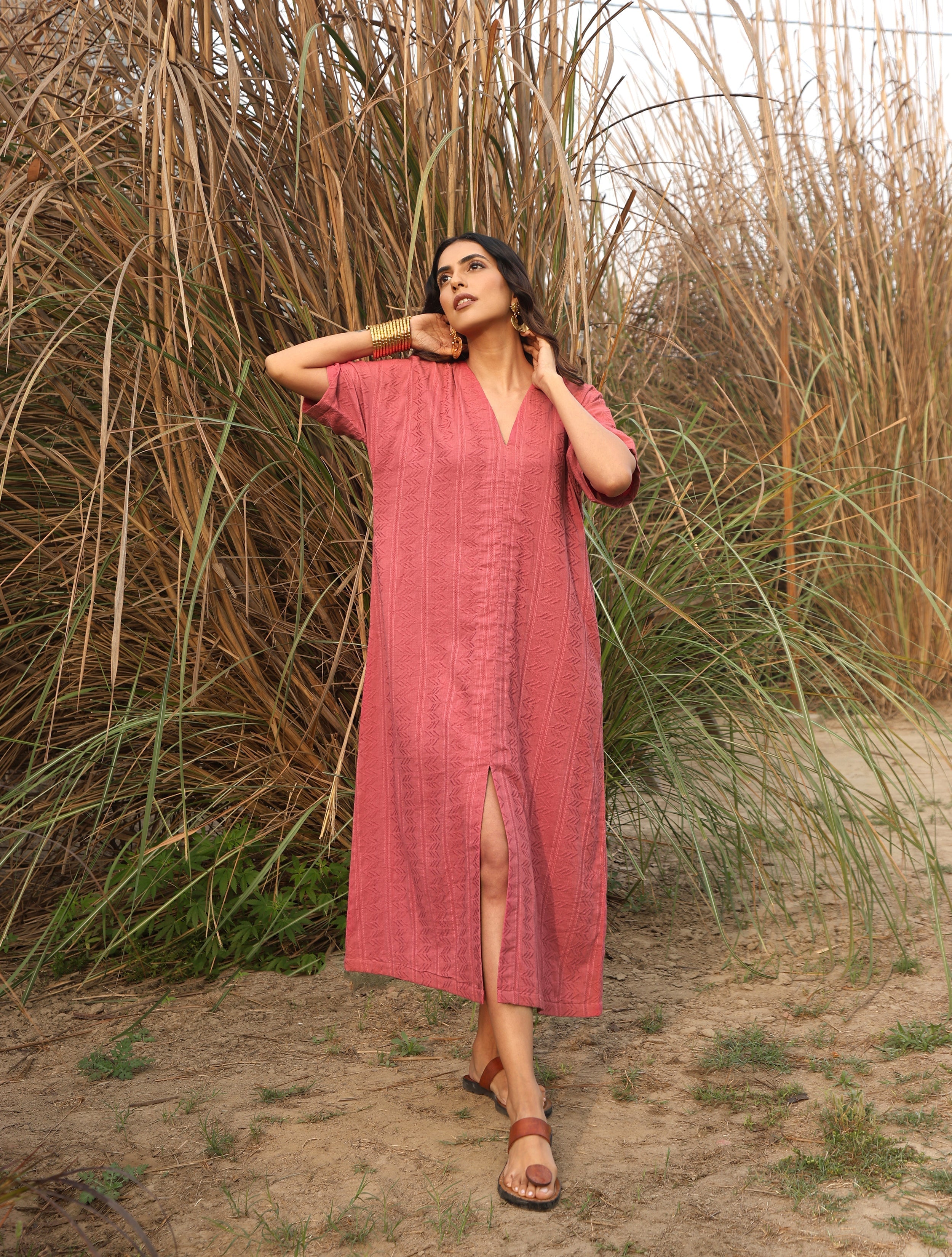 trueBrowns Coral Cotton Dobby Front Slit Dress - Distacart