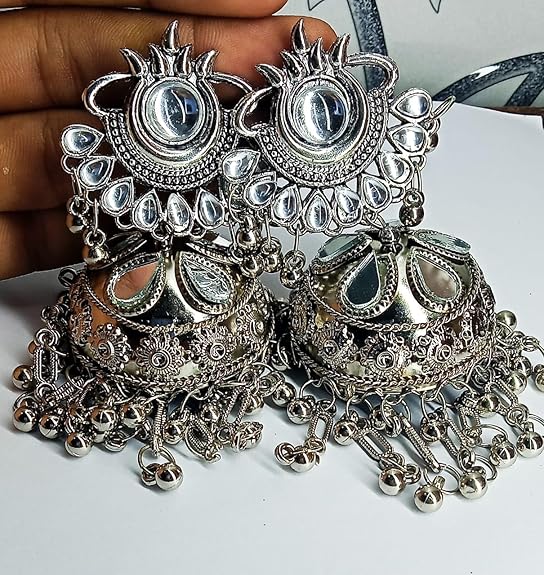 Tehzeeb Creations Women's Silver Colour Oxidised Earrings With Kundan And Mirror Work - Distacart