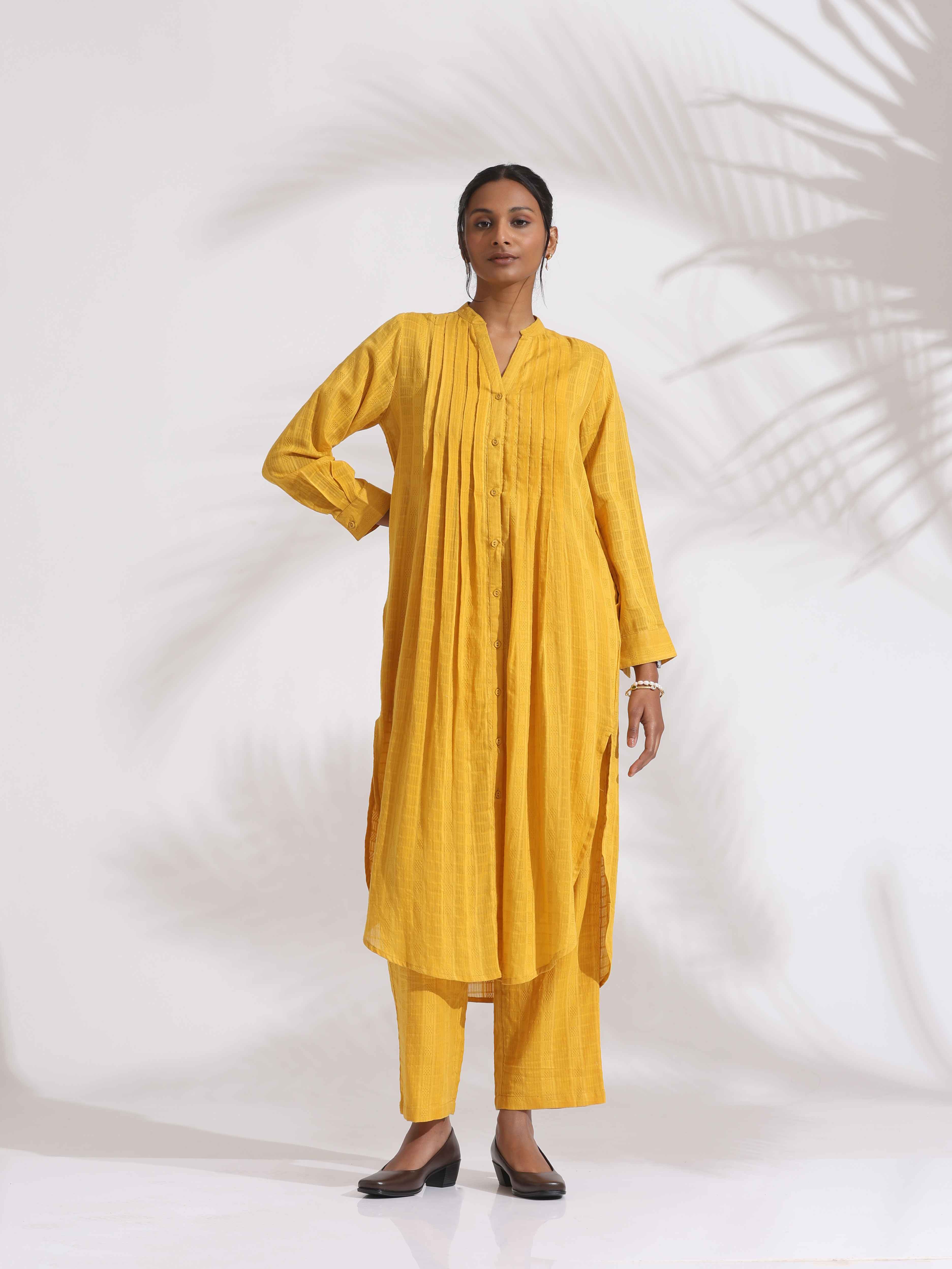 trueBrowns Yellow Cotton Pleated Shirt Kurta Set - Distacart