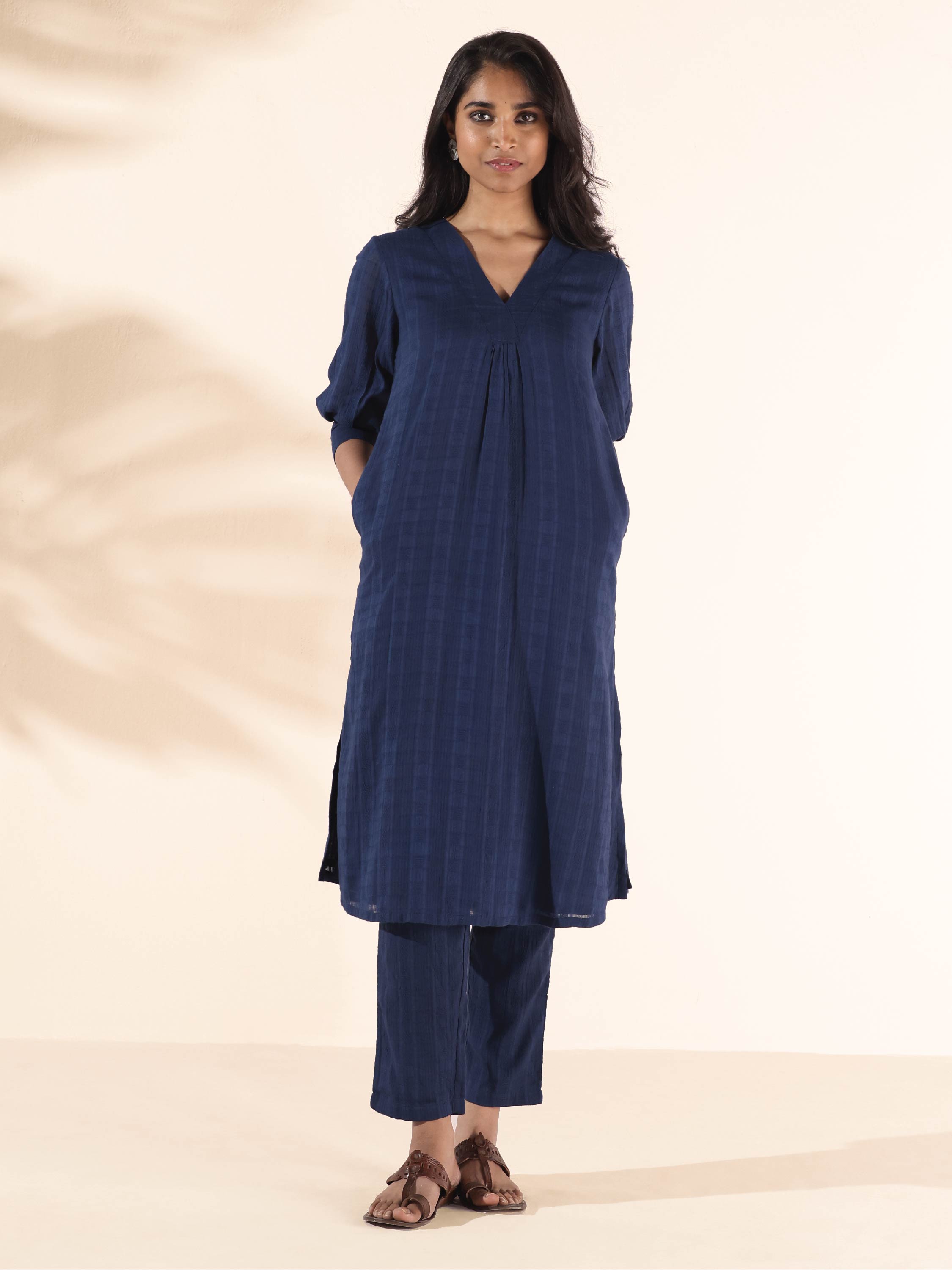 trueBrowns Blue Cotton Dobby Kurta Pant Set - Distacart