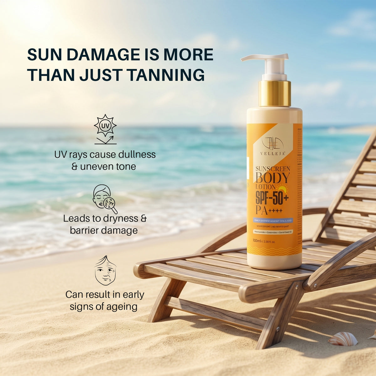 Velleja 2-in-1 Sunscreen Body Lotion SPF 50 PA++++ with 5% Niacinamide & Ceramides - Dista