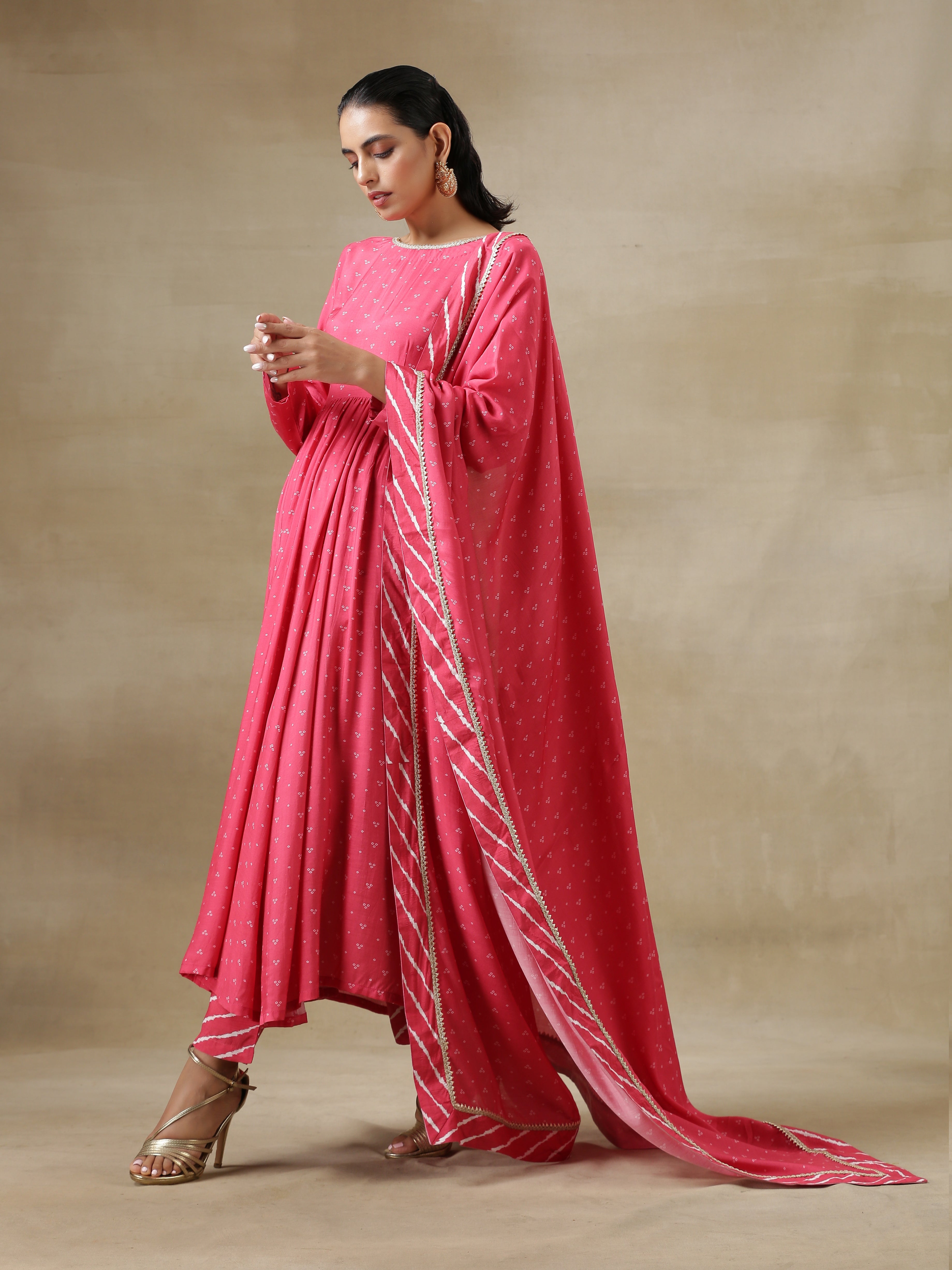 trueBrowns Pink Bandhani Printed Silk Anarkali Kurta Pant Dupatta Set - Distacart