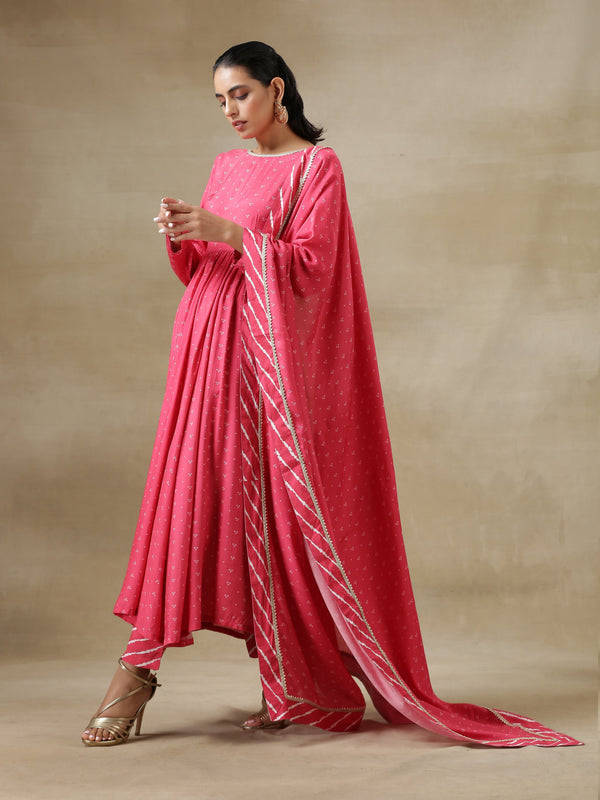 trueBrowns Pink Bandhani Printed Silk Anarkali Kurta Pant Dupatta Set - Distacart