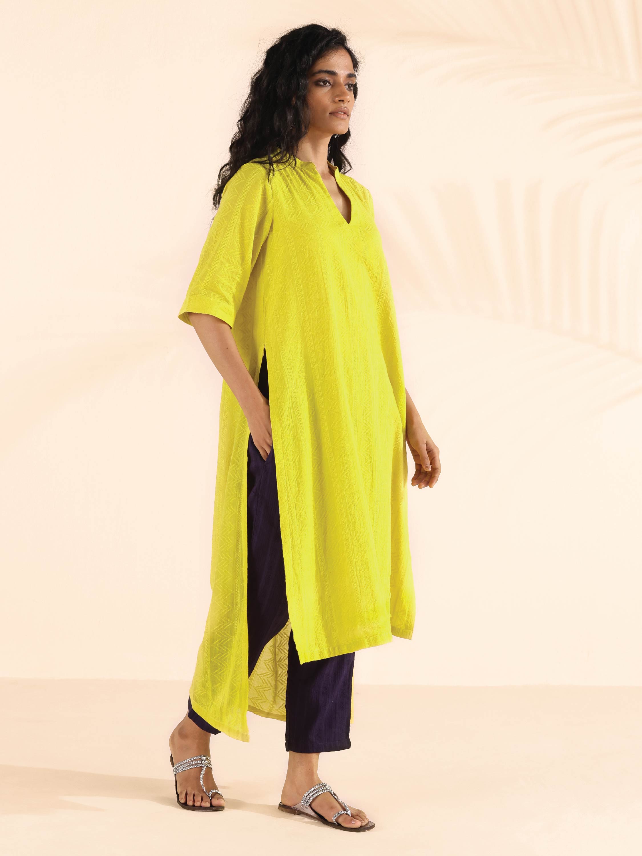 trueBrowns Lime Cotton Dobby High-Low Kurta Pant Set - Distacart