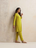 Thumbnail for trueBrowns Lime Velvet Kurta Co-ord Set