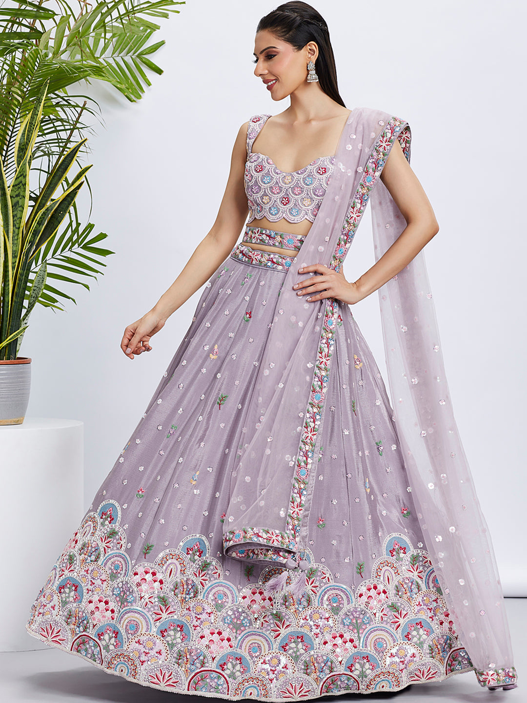 House of Panchhi Burgundy Pure Georgette Sequins And Thread Embroidery Lehenga Choli & Dupatta - Distacart