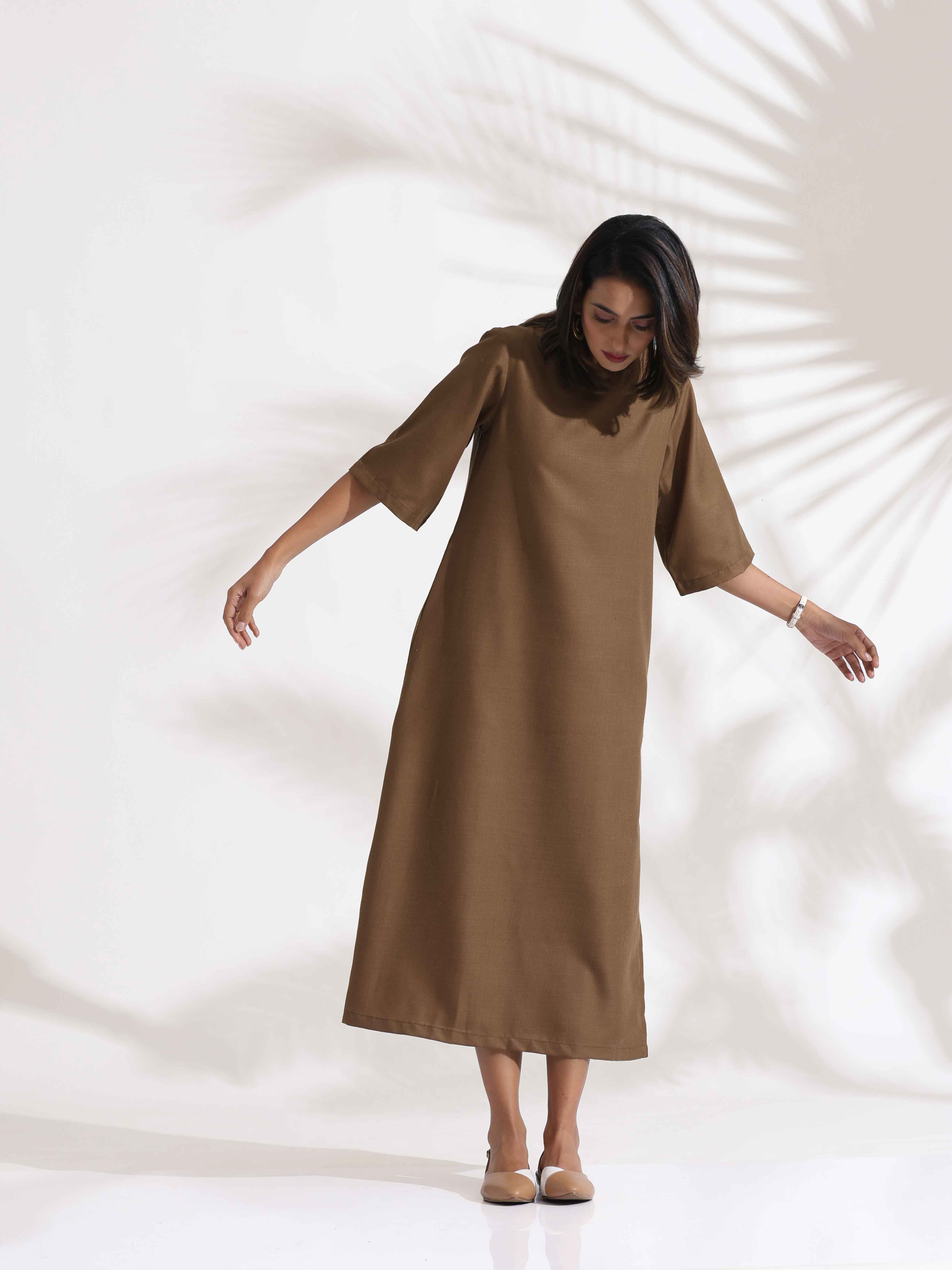 trueBrowns Brown Slub Dress - Distacart