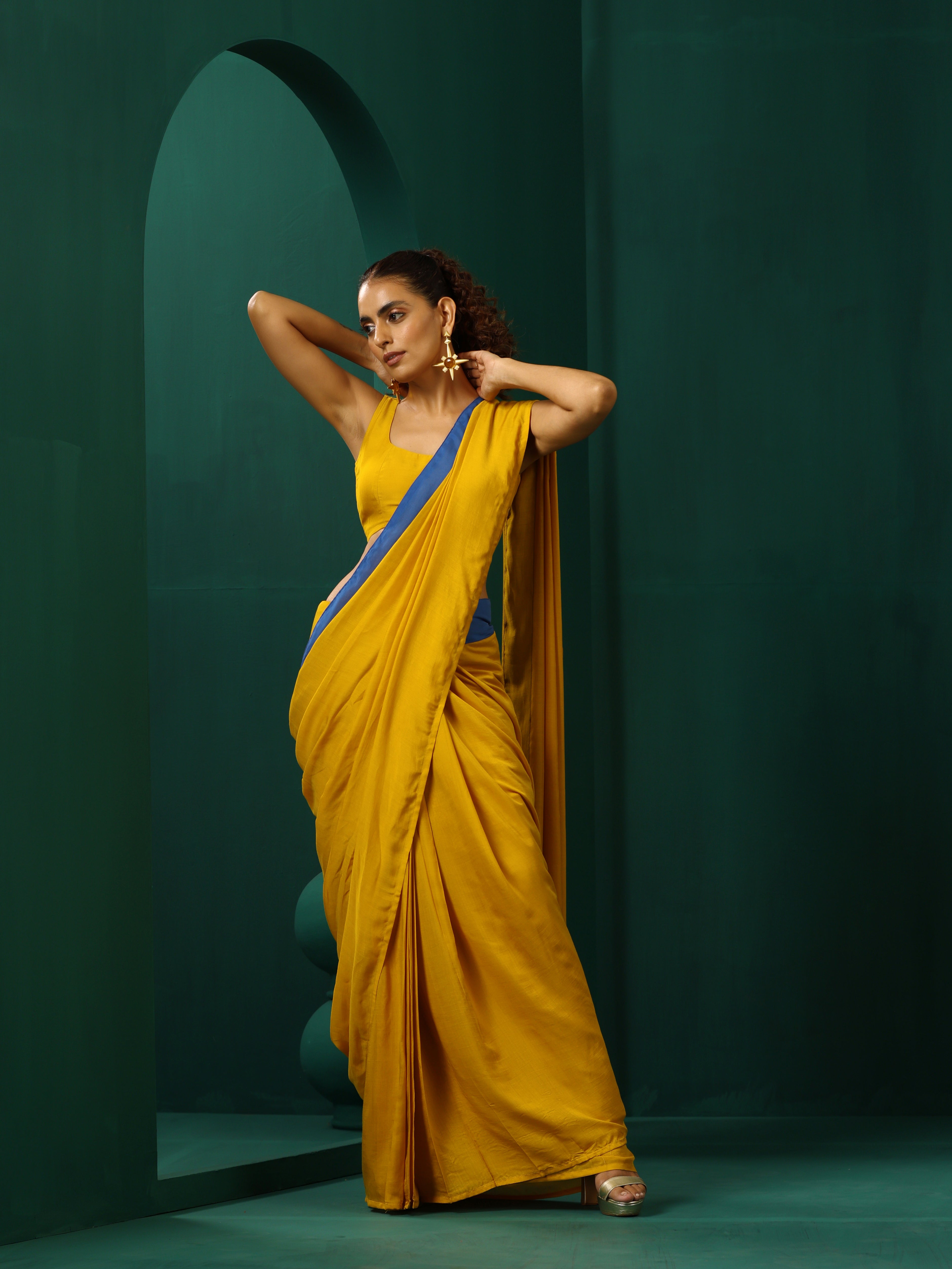 trueBrowns Mustard Muslin Silk Ready to Wear Saree - Distacart