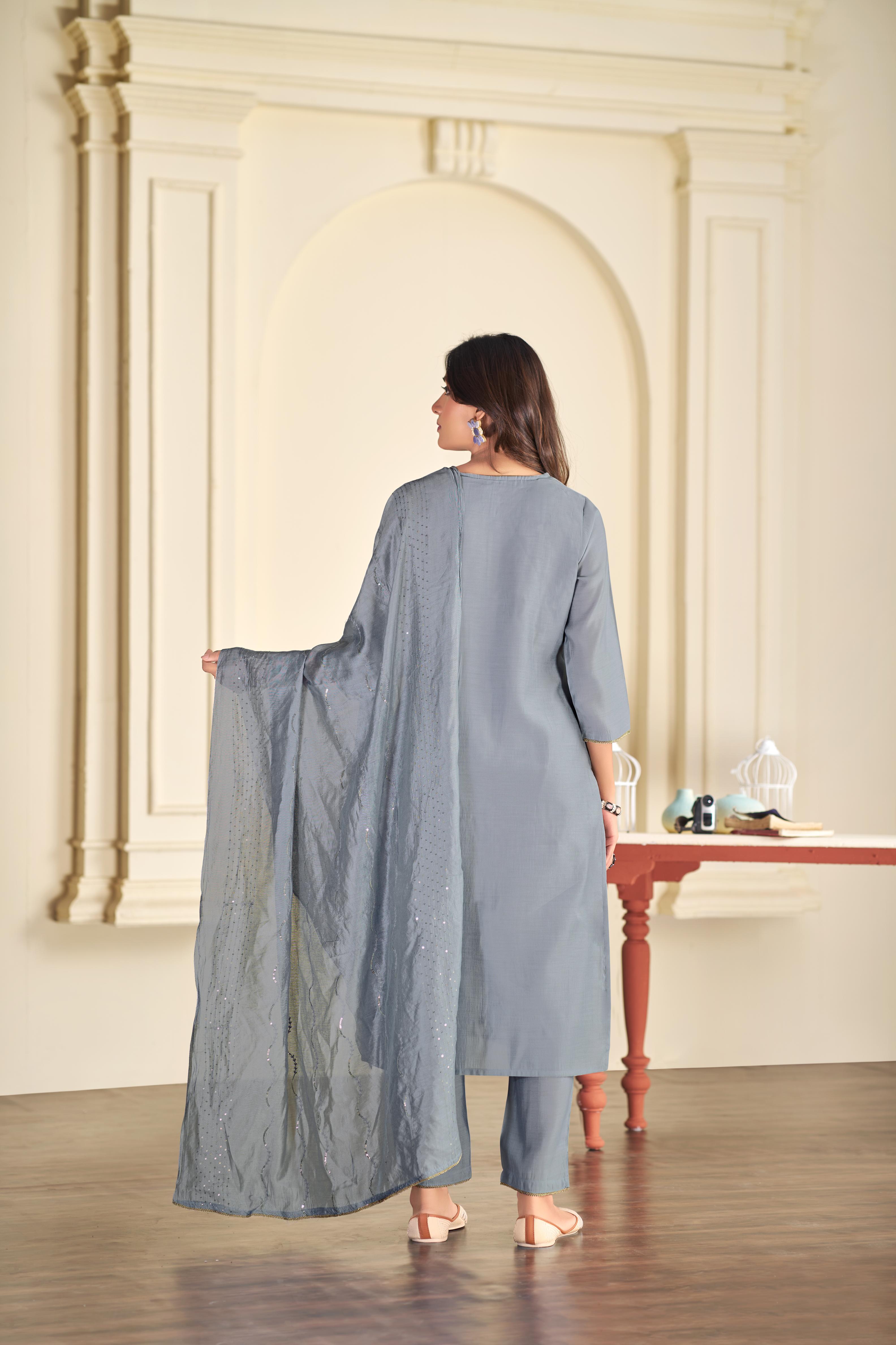 BulBul Aadvi Solid Grey Embroidered Roman Silk Salwar Suit