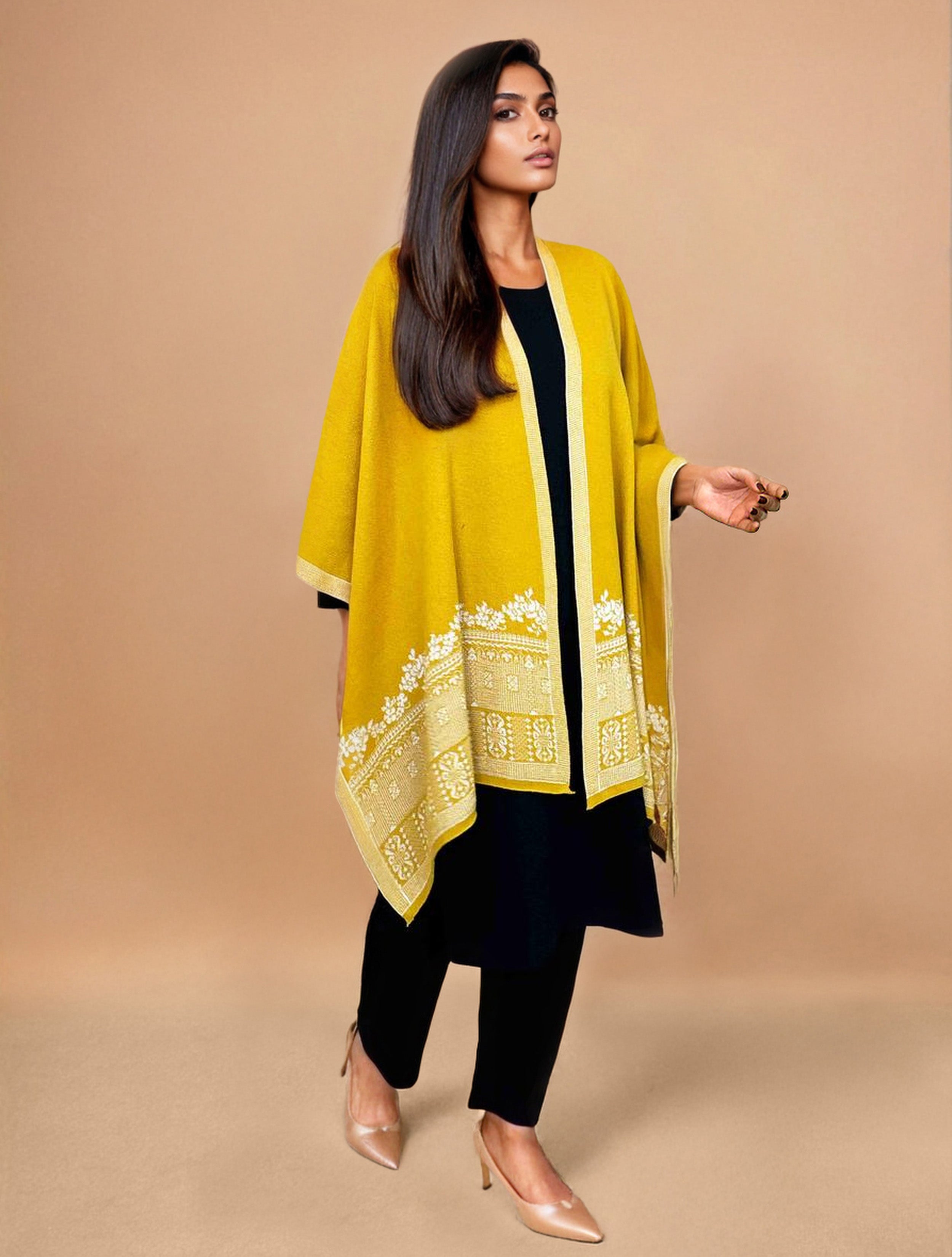 trueBrowns Yellow Woollen Kaftan Cape - Distacart