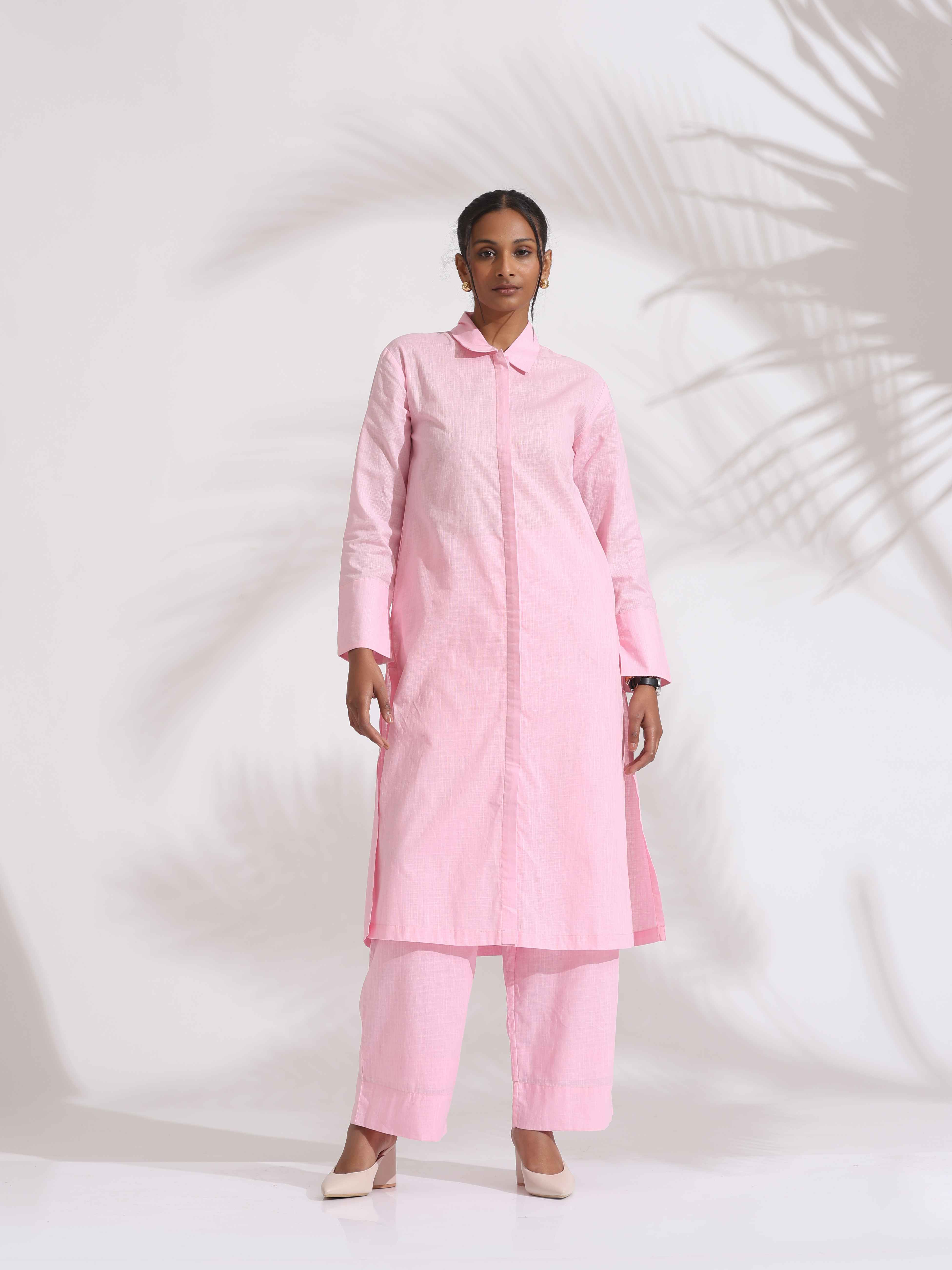 trueBrowns Pink Cotton Embroidered Kurta Set - Distacart