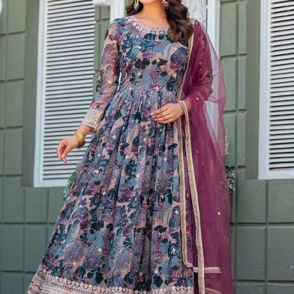 Anaita Grey Tabby Silk Stitched Anarkali Suit With Thread & Sequence Work - Distacart