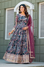 Thumbnail for Anaita Grey Tabby Silk Stitched Anarkali Suit With Thread & Sequence Work - Distacart