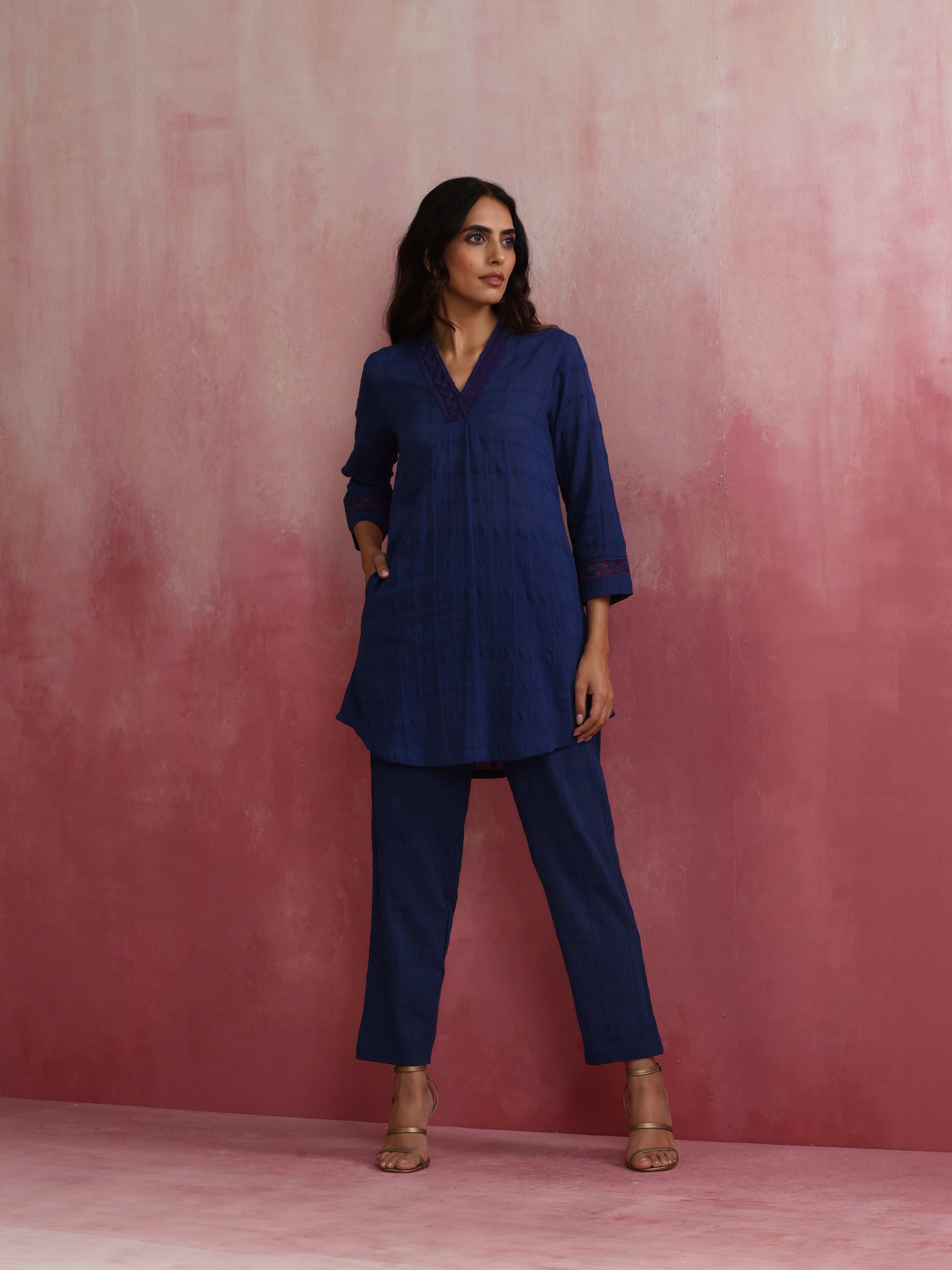trueBrowns Dark Blue Cotton Dobby Kurta Co-ord set - Distacart