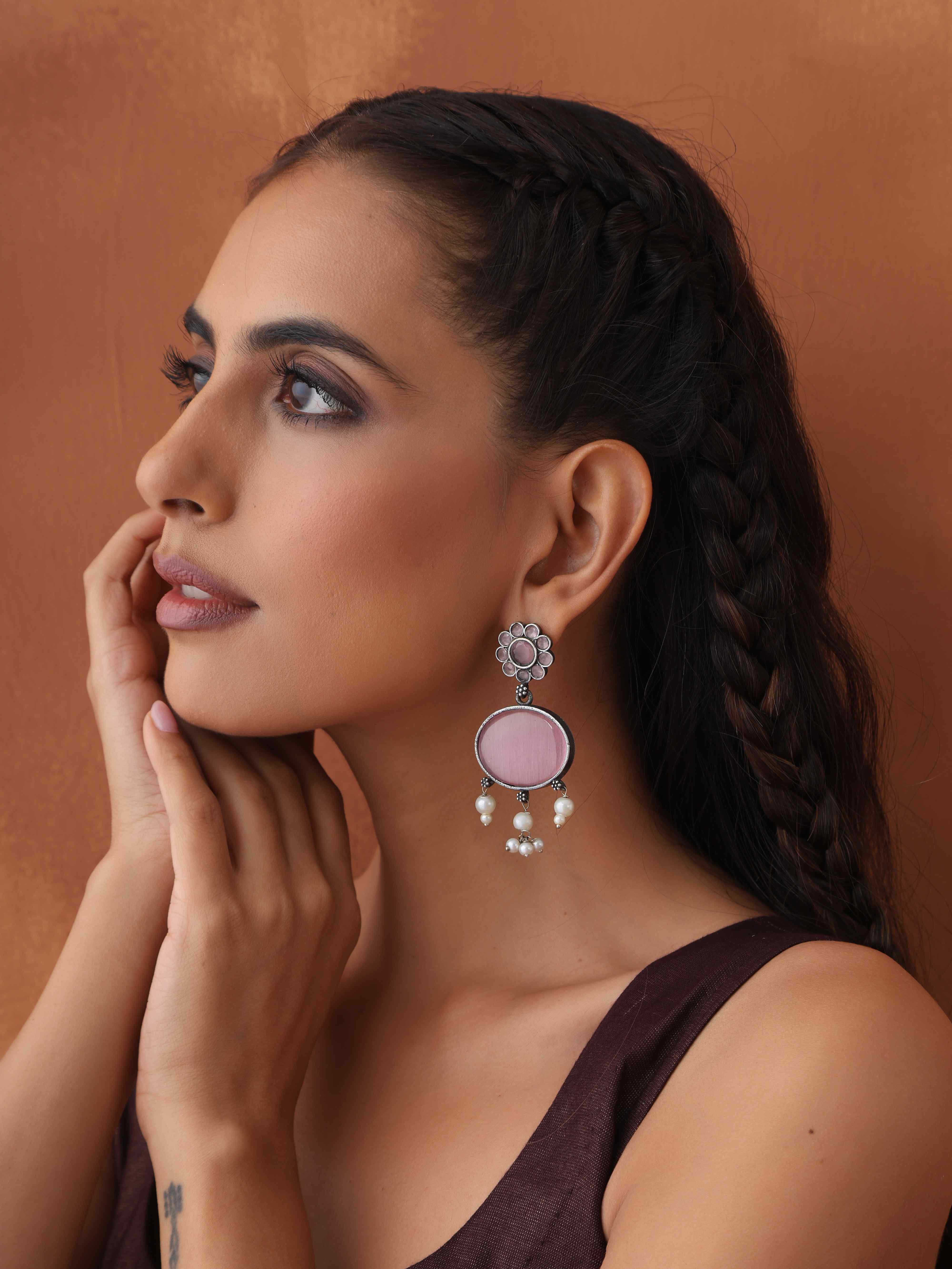 trueBrowns Silver Tone Pink Stone Dangle Earrings - Distacart