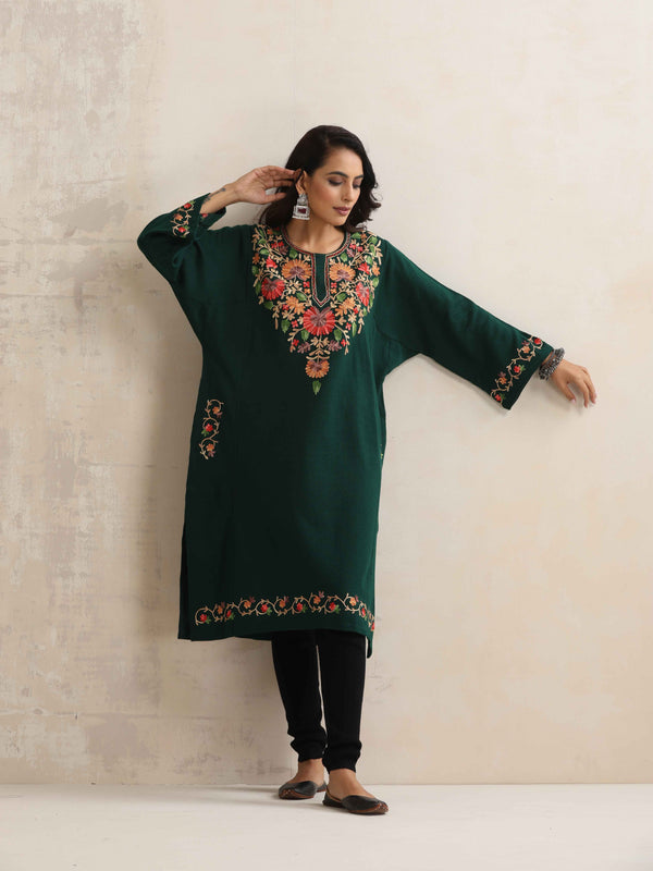 trueBrowns Green Kashmiri Embroidered Woollen Phiran Kurta - Distacart