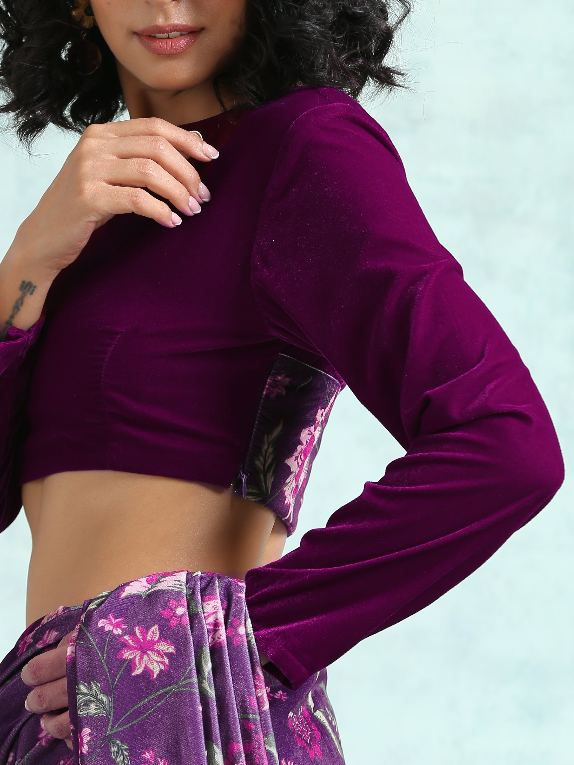 trueBrowns Wine Velvet With Print Detail Blouse - Distacart