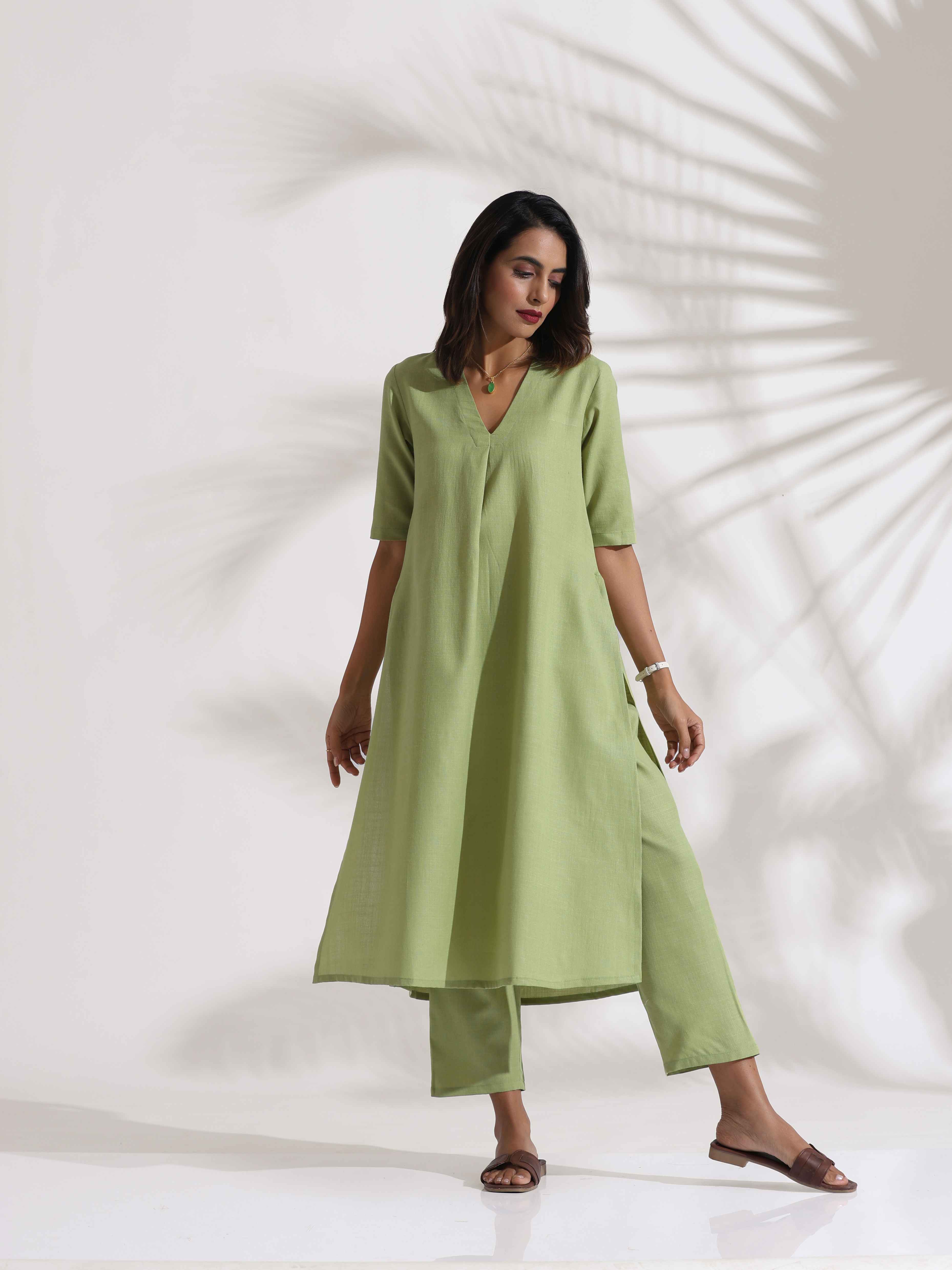 trueBrowns Green Slub Kurta Set - Distacart