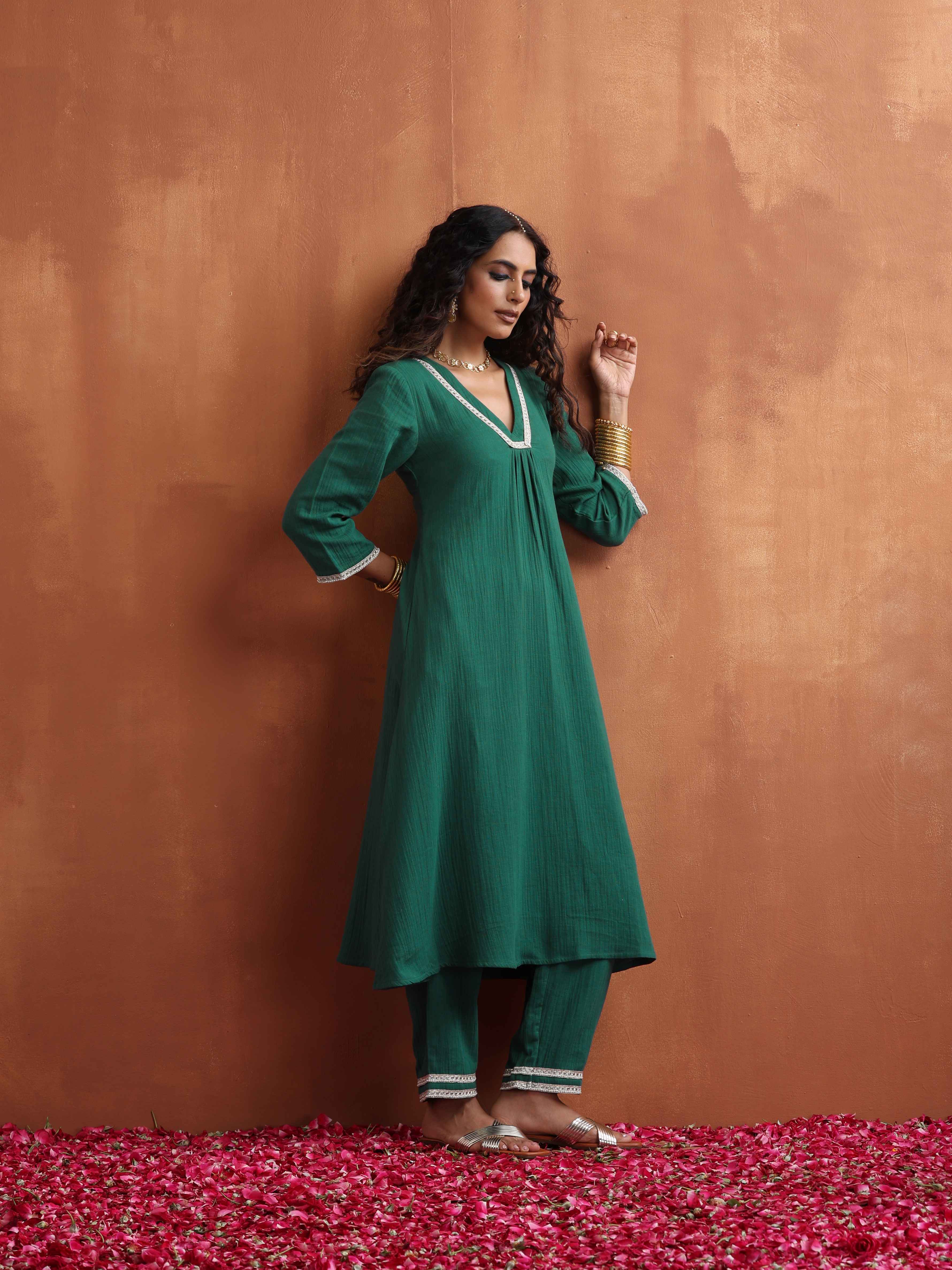 trueBrowns Green Cotton A-line Kurta Set - Distacart