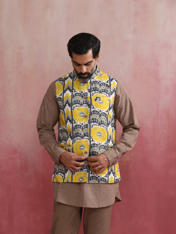 trueBrowns Men's Grey Ikat Print Cotton Reversible Nehru Jacket