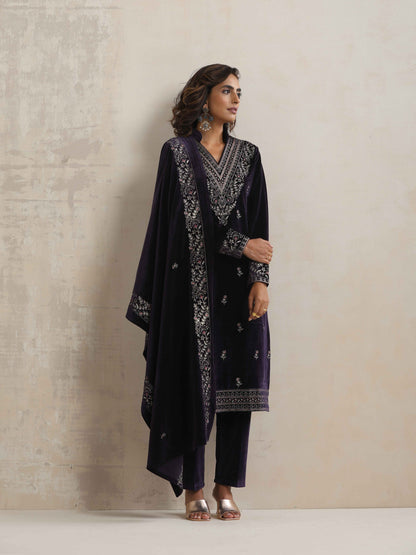 trueBrowns Purple Velvet Embroidered Kurta Pant Dupatta Set - Distacart
