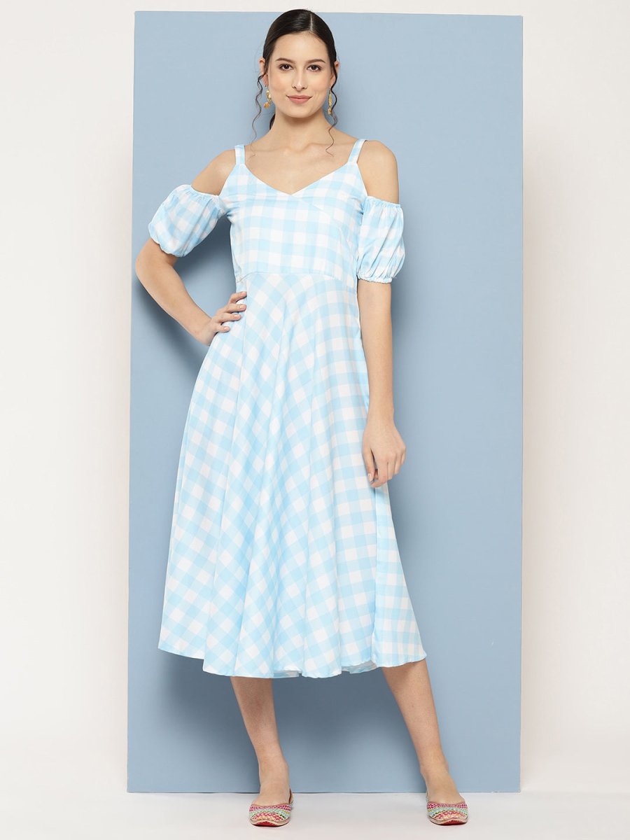Ahalyaa Checked Cold-Shoulder Sleeves Midi Empire Ethnic Dress - Distacart