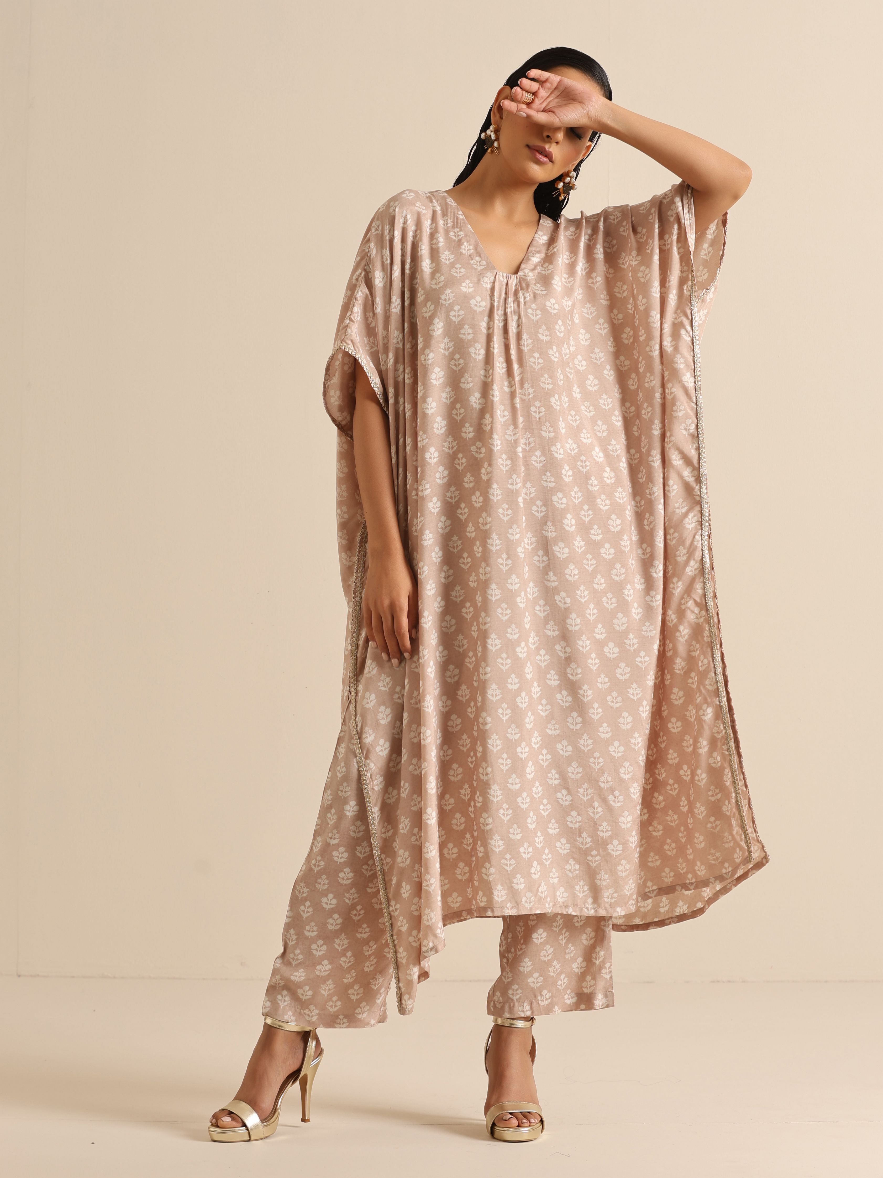 trueBrowns Beige White Floral Silk Print Kaftan Pant Set - Distacart