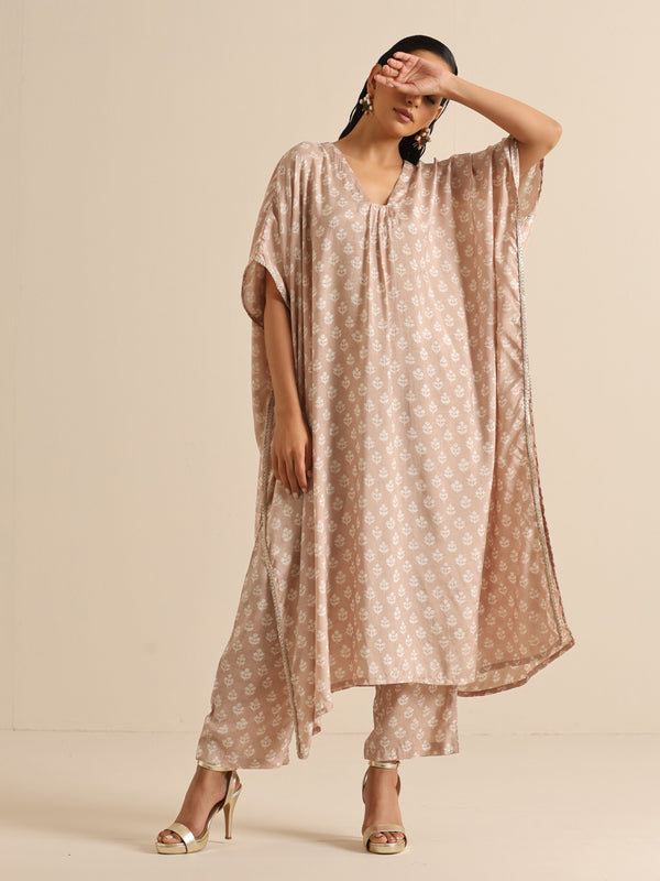 trueBrowns Beige White Floral Silk Print Kaftan Pant Set - Distacart